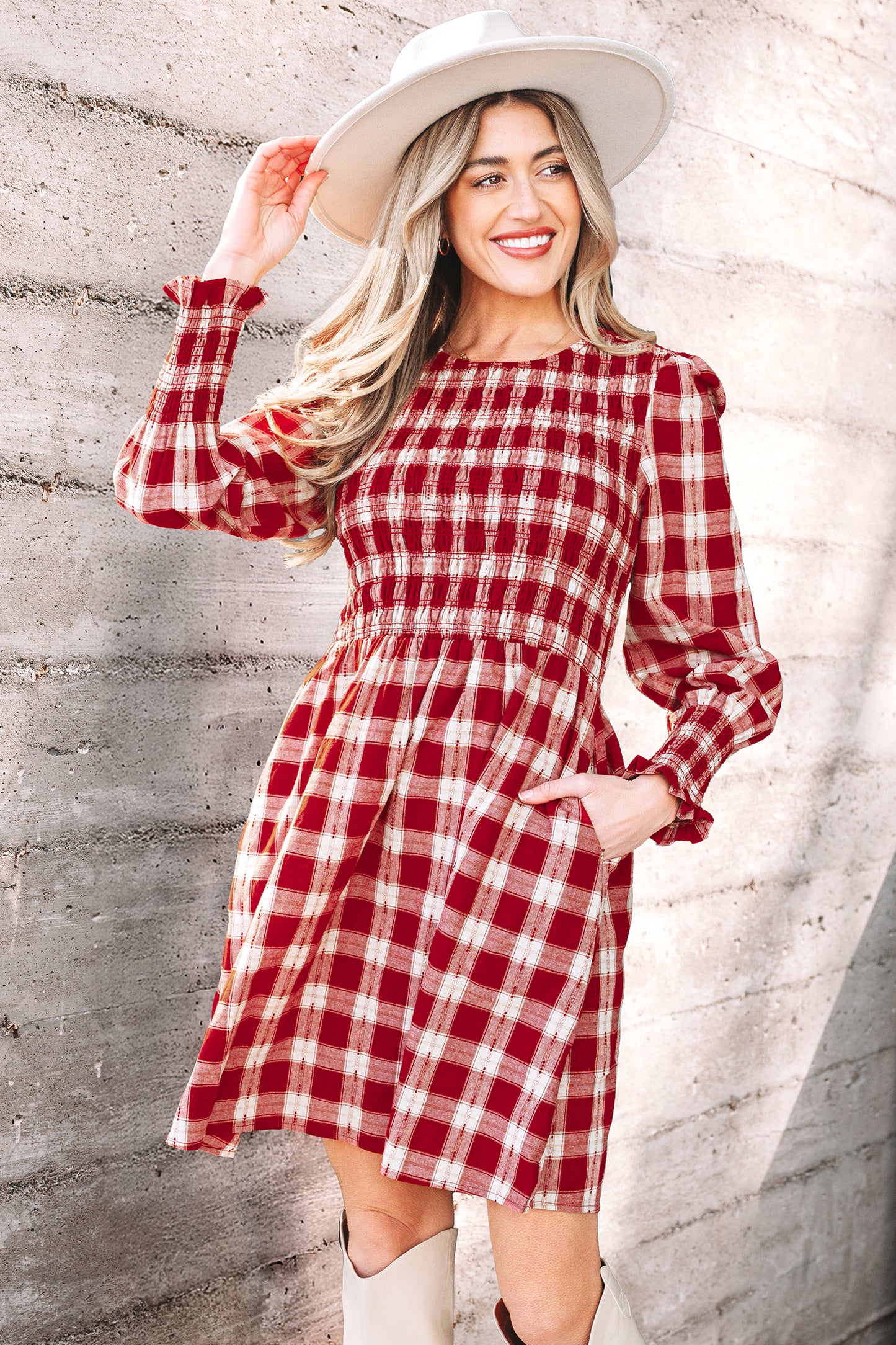Red Plaid Print Smocked Puff Sleeve Mini Dress-TOPS / DRESSES-[Adult]-[Female]-2022 Online Blue Zone Planet