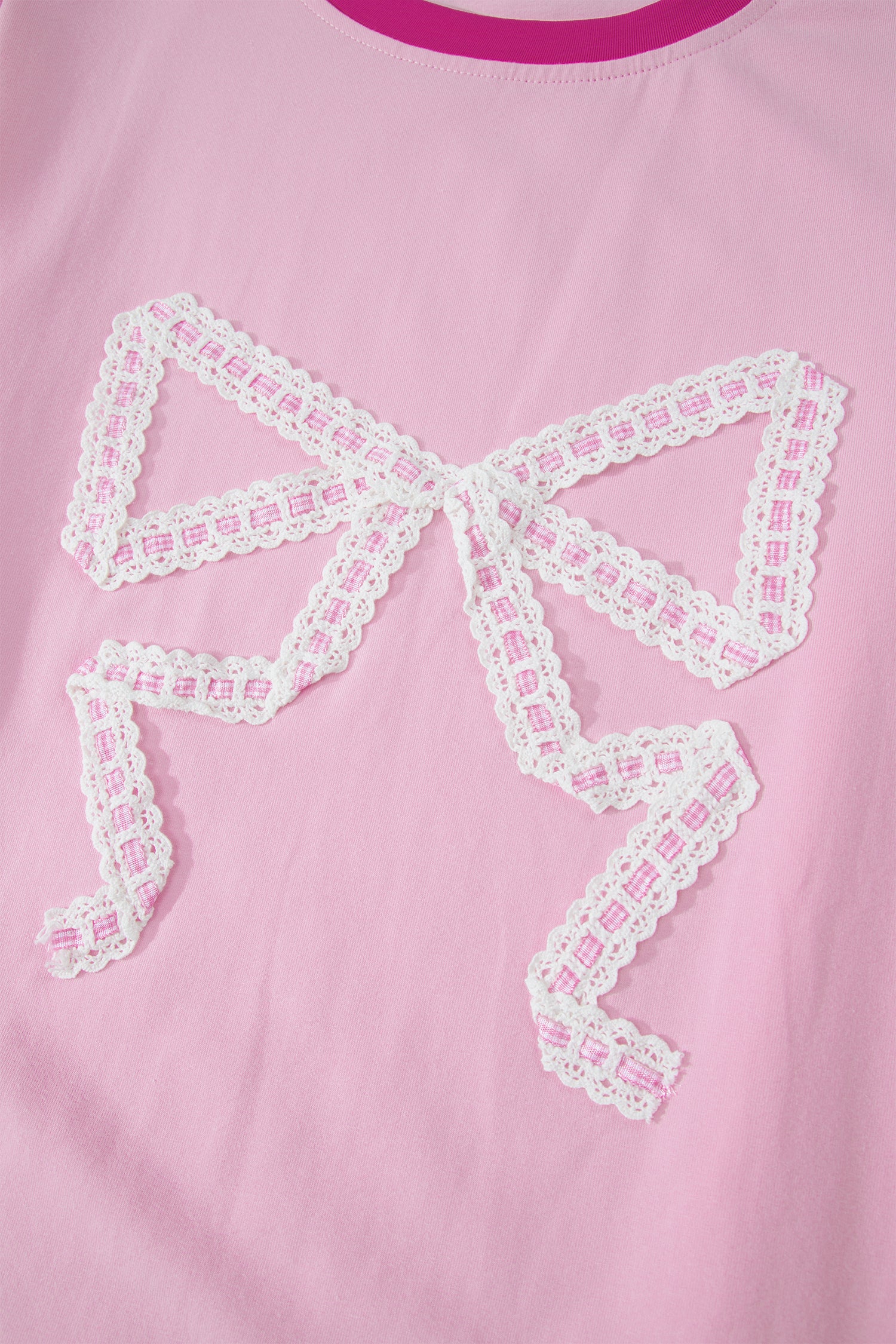 Gossamer Pink Embroidered Bow Detail Color Block Loose Tee-Tops/Tops & Tees-[Adult]-[Female]-2022 Online Blue Zone Planet