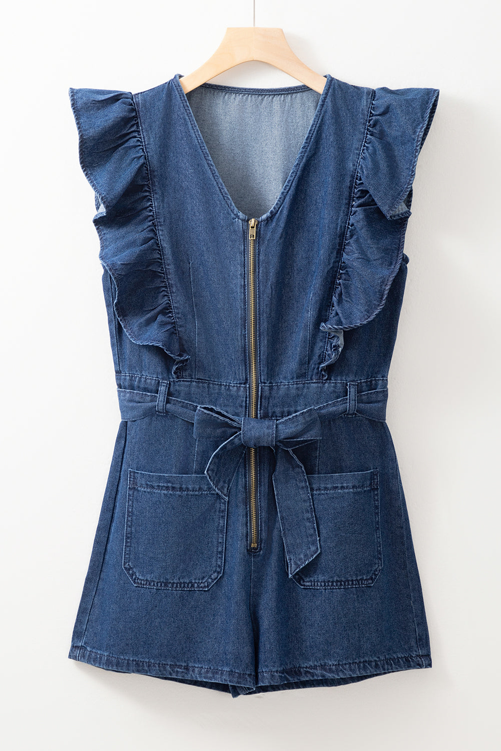 Sail Blue Denim Ruffled Zipped Front Belted Romper-Rompers-[Adult]-[Female]-2022 Online Blue Zone Planet