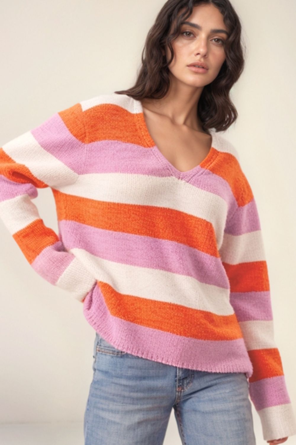 Color Block V-Neck Long Sleeve Sweater-TOPS / DRESSES-[Adult]-[Female]-Tangerine-S-2022 Online Blue Zone Planet