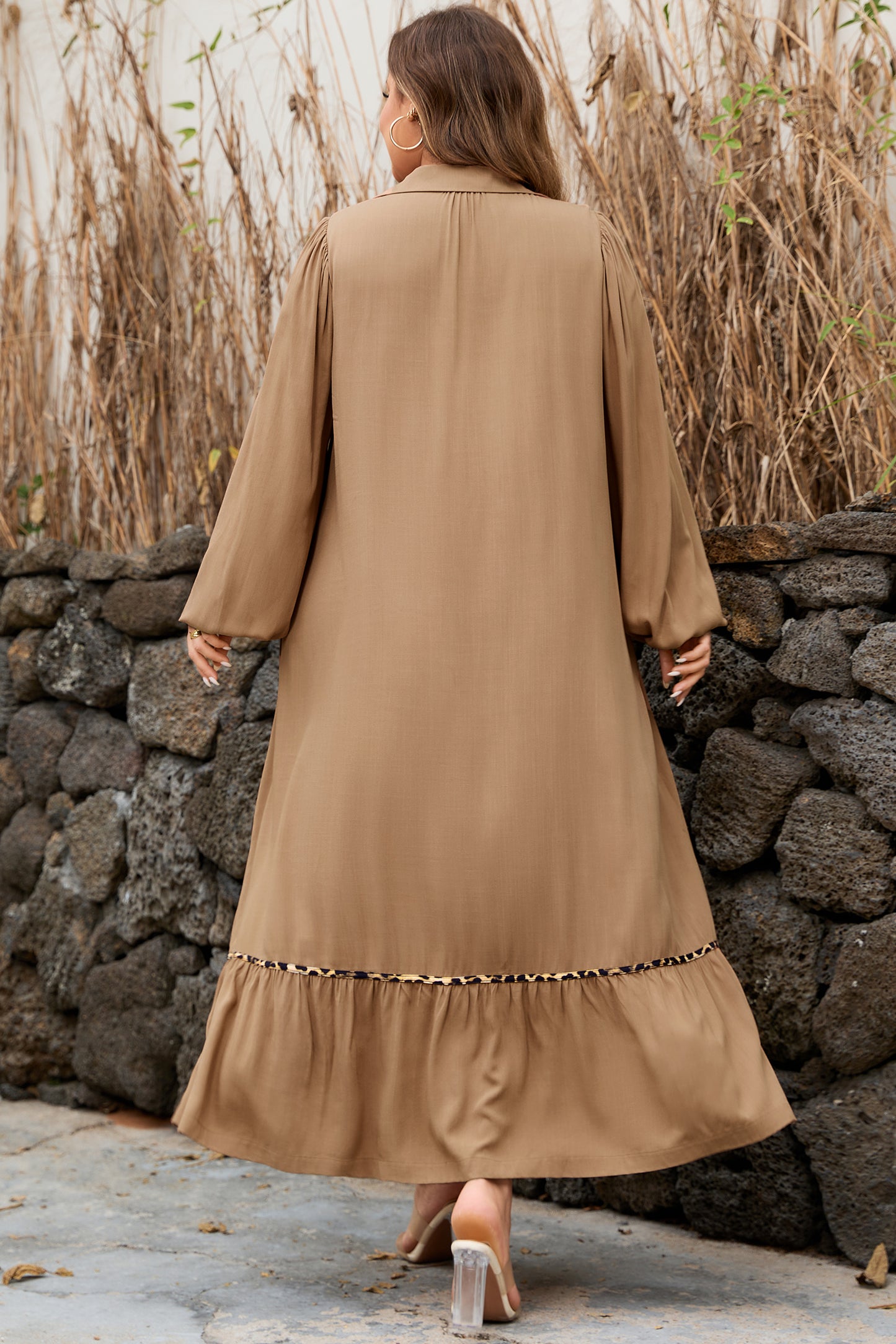 Chestnut Smocked V Neckline Leopard Piping Accent Bracelet Plus Size Long Dress-TOPS / DRESSES-[Adult]-[Female]-2022 Online Blue Zone Planet