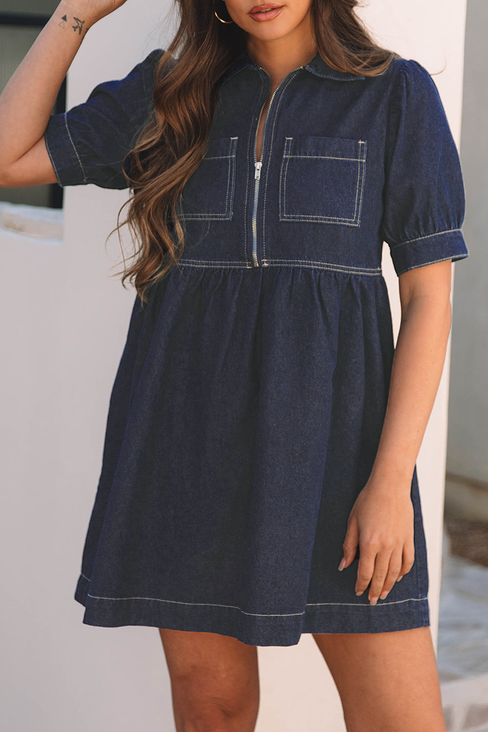 Dirty blue Zipped up Bodice Collared Short Puff Sleeve Denim Dress-TOPS / DRESSES-[Adult]-[Female]-2022 Online Blue Zone Planet