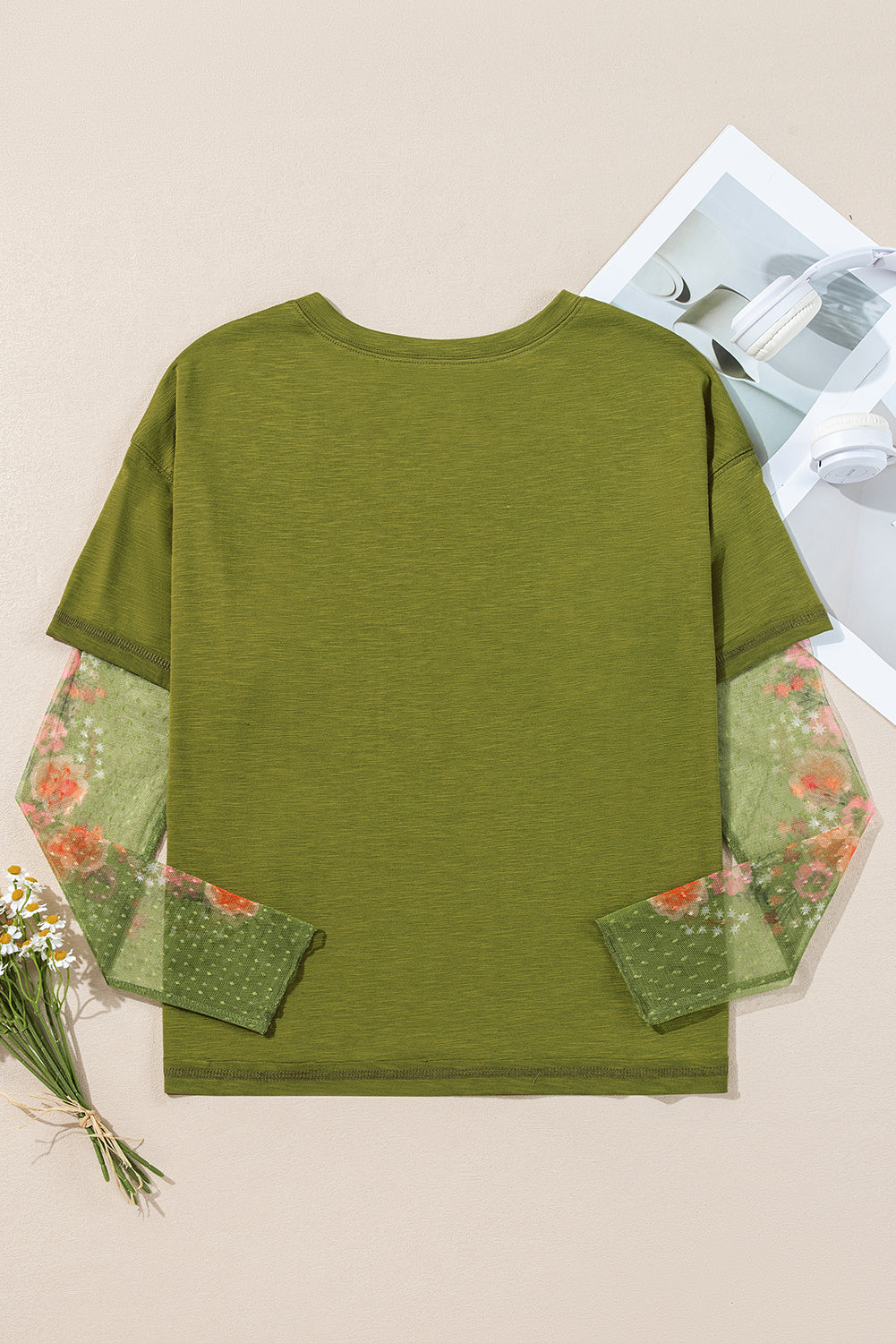 Blue Zone Planet | Fern Green Floral Mesh Patchwork Sleeve Crewneck Top-Long Sleeve Tops-[Adult]-[Female]-2022 Online Blue Zone Planet