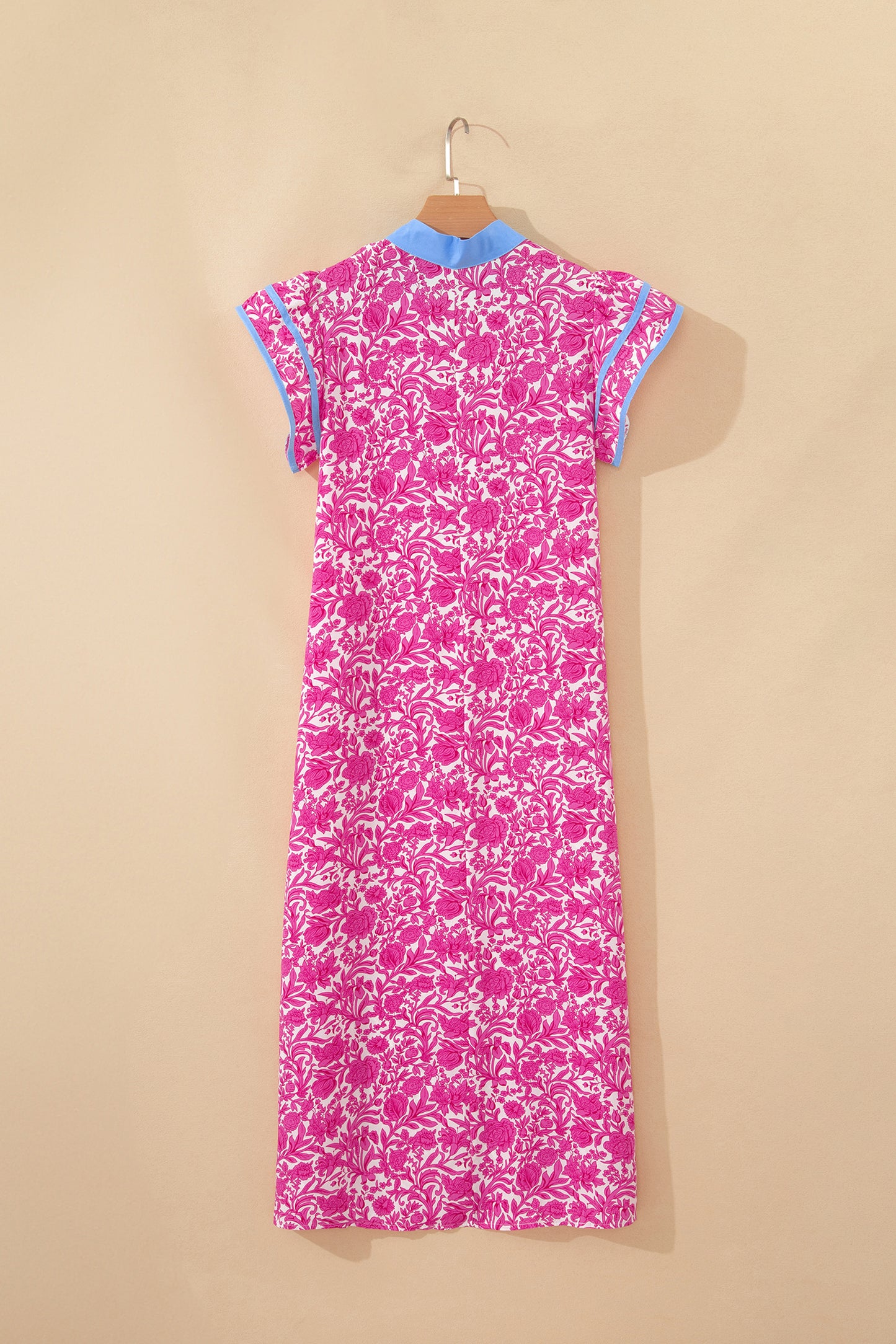Pink Floral Print Color Block Patchwork V Neck Short Sleeve Midi Dress-TOPS / DRESSES-[Adult]-[Female]-2022 Online Blue Zone Planet
