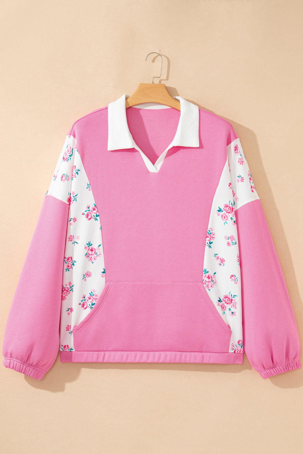 Pink Plus Size Contrast Polo Collar Floral Patchwork Elastic Cuffs Long Sleeve Top-Plus Size/Plus Size Tops/Plus Size Long Sleeve Tops-[Adult]-[Female]-2022 Online Blue Zone Planet