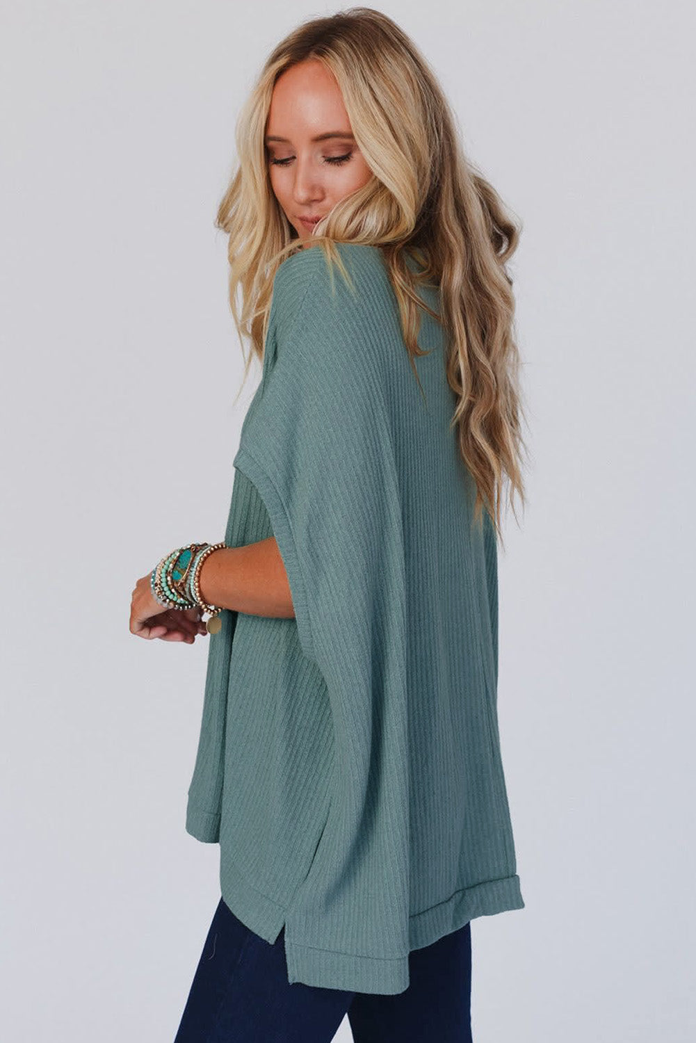 Moonlight Jade Oversized Ribbed Knit V Neck Dolman Short Sleeve Top-Tops/Tops & Tees-[Adult]-[Female]-2022 Online Blue Zone Planet