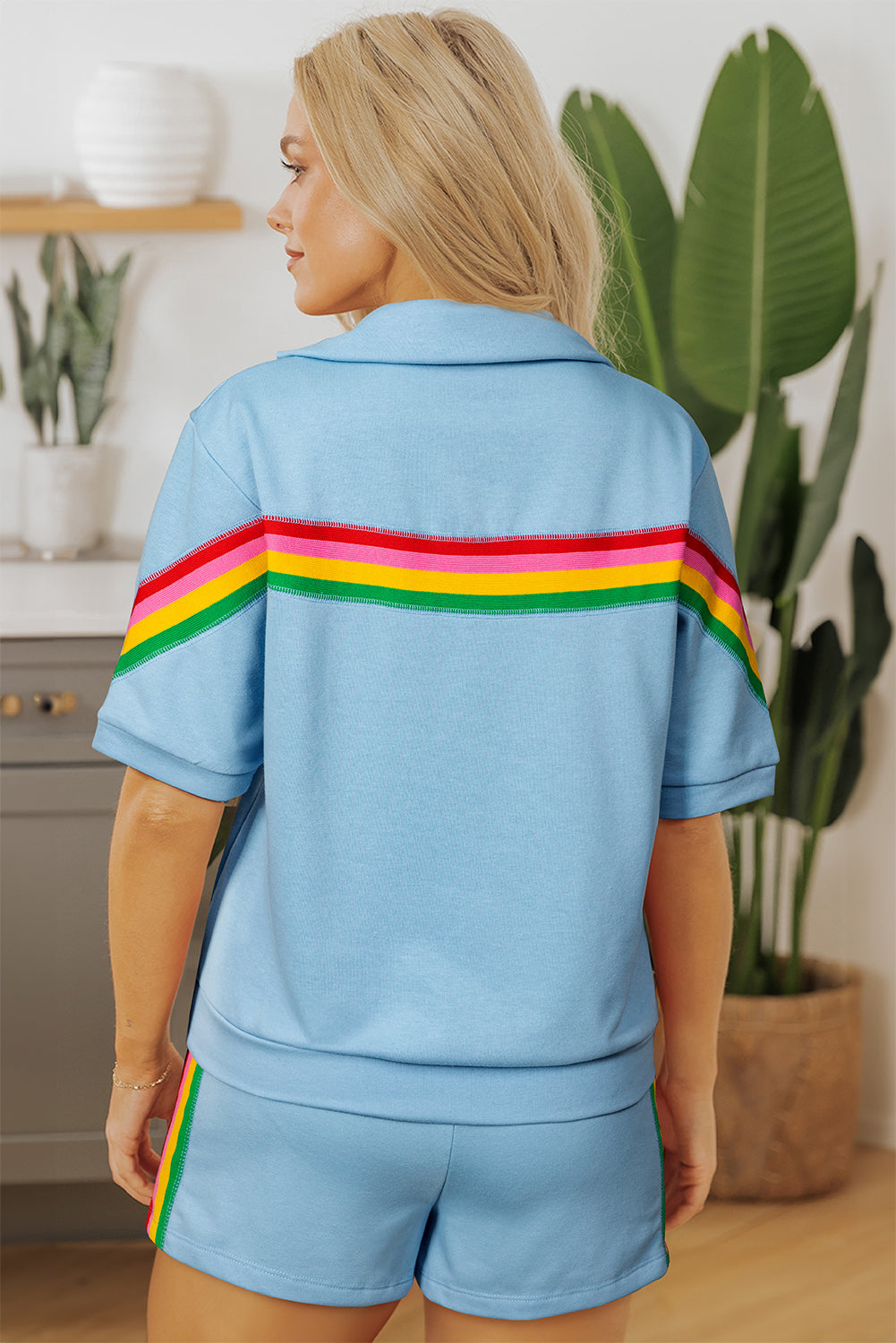Sky Blue Rainbow Colorblock Collared Short Sleeve Top 2 Piece Shorts Set-Two Piece Sets/Short Sets-[Adult]-[Female]-2022 Online Blue Zone Planet