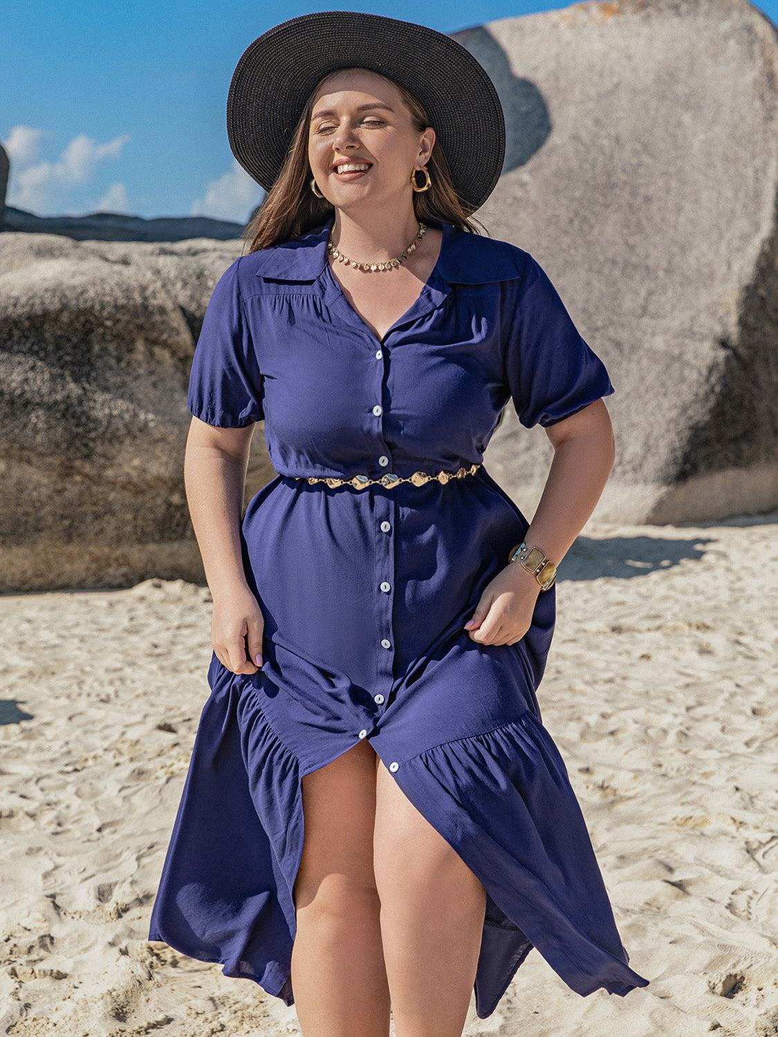 Blue Zone Planet | Plus Size Collared Neck Short Sleeve Midi Dress-TOPS / DRESSES-[Adult]-[Female]-2022 Online Blue Zone Planet