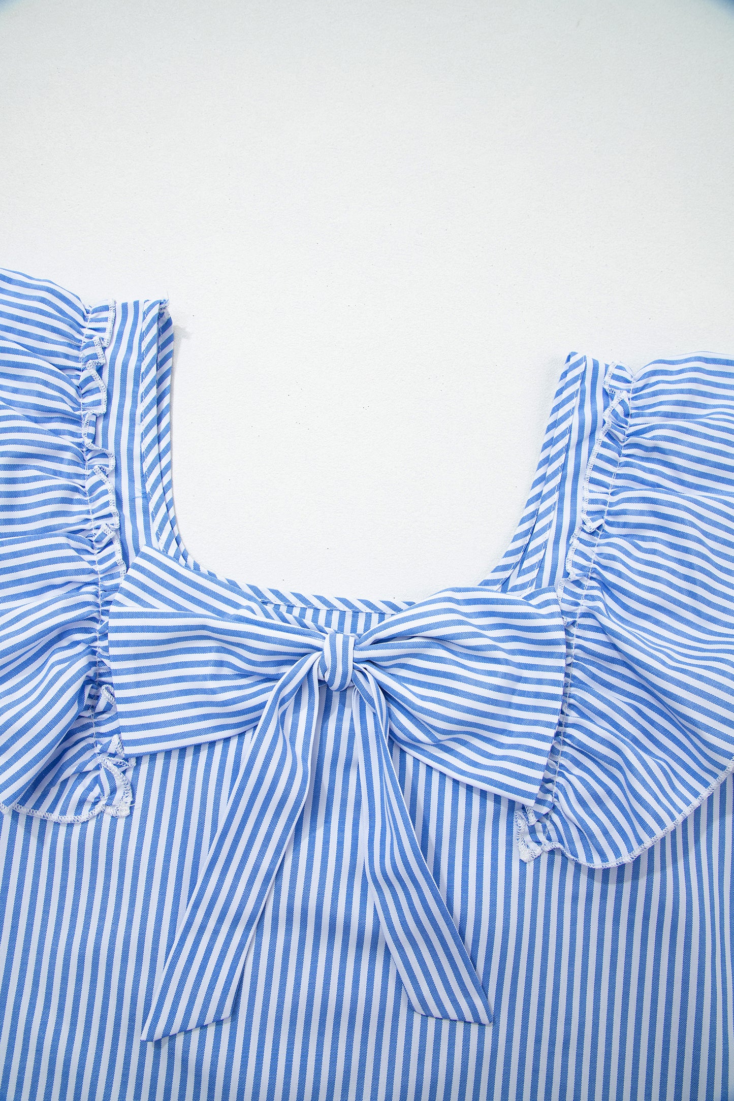 Sky Blue Stripe Square Neck Bow Decor Frilly Ruffled Short Sleeve Blouse-Tops/Blouses & Shirts-[Adult]-[Female]-2022 Online Blue Zone Planet