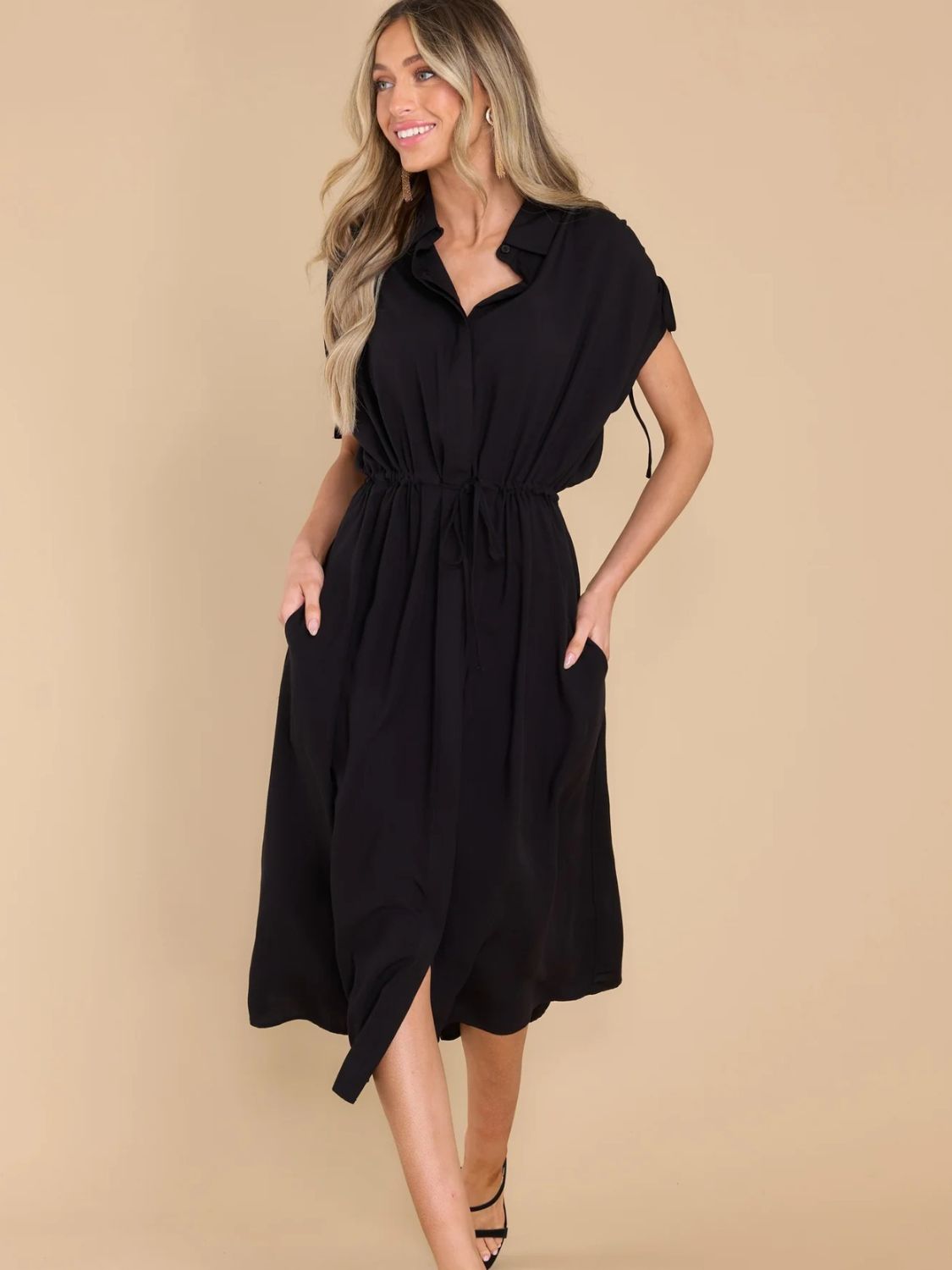 Blue Zone Planet | Drawstring Collared Neck Short Sleeve Midi Dress-TOPS / DRESSES-[Adult]-[Female]-Black-S-2022 Online Blue Zone Planet