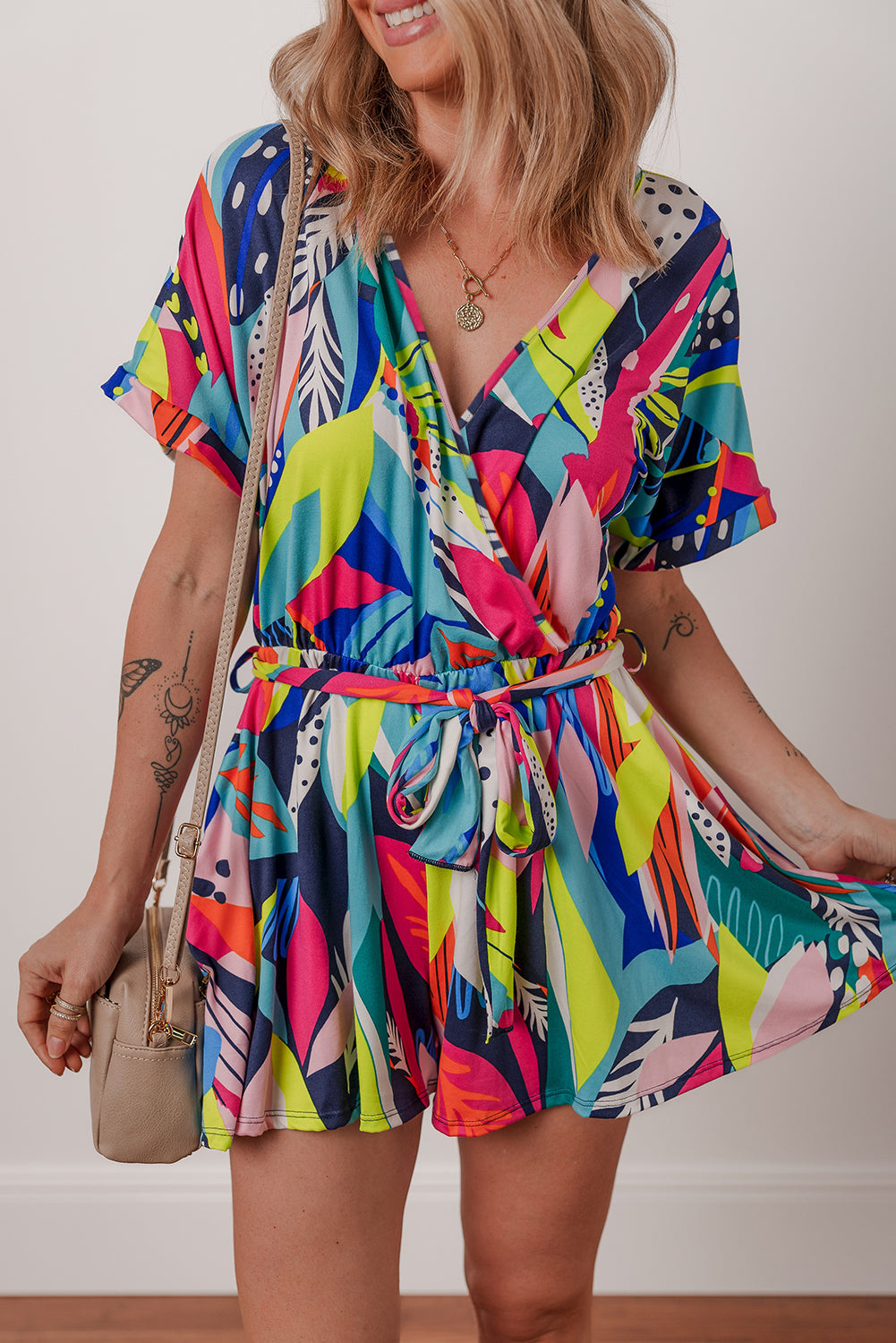Multicolour Tropical Printed Surplice Neck Tie Waist Romper-Bottoms/Jumpsuits & Rompers-[Adult]-[Female]-Multicolour-S-2022 Online Blue Zone Planet