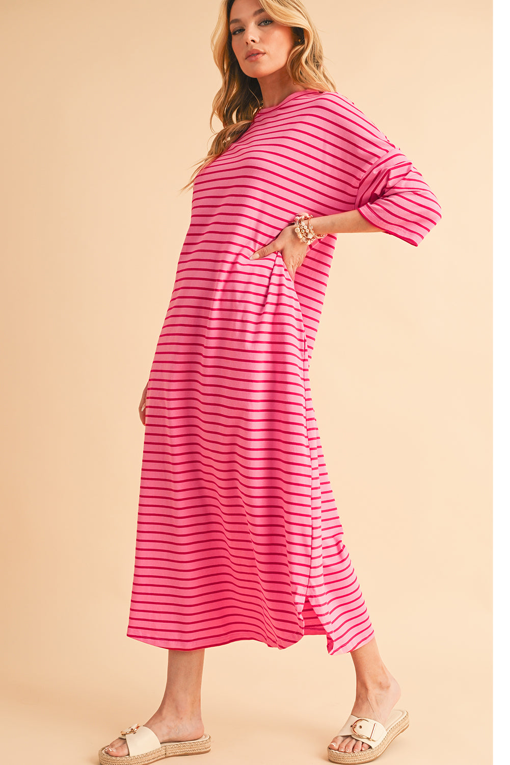 Strawberry Pink Striped Drop Sleeve Loose Dress-Maxi Dresses-[Adult]-[Female]-2022 Online Blue Zone Planet