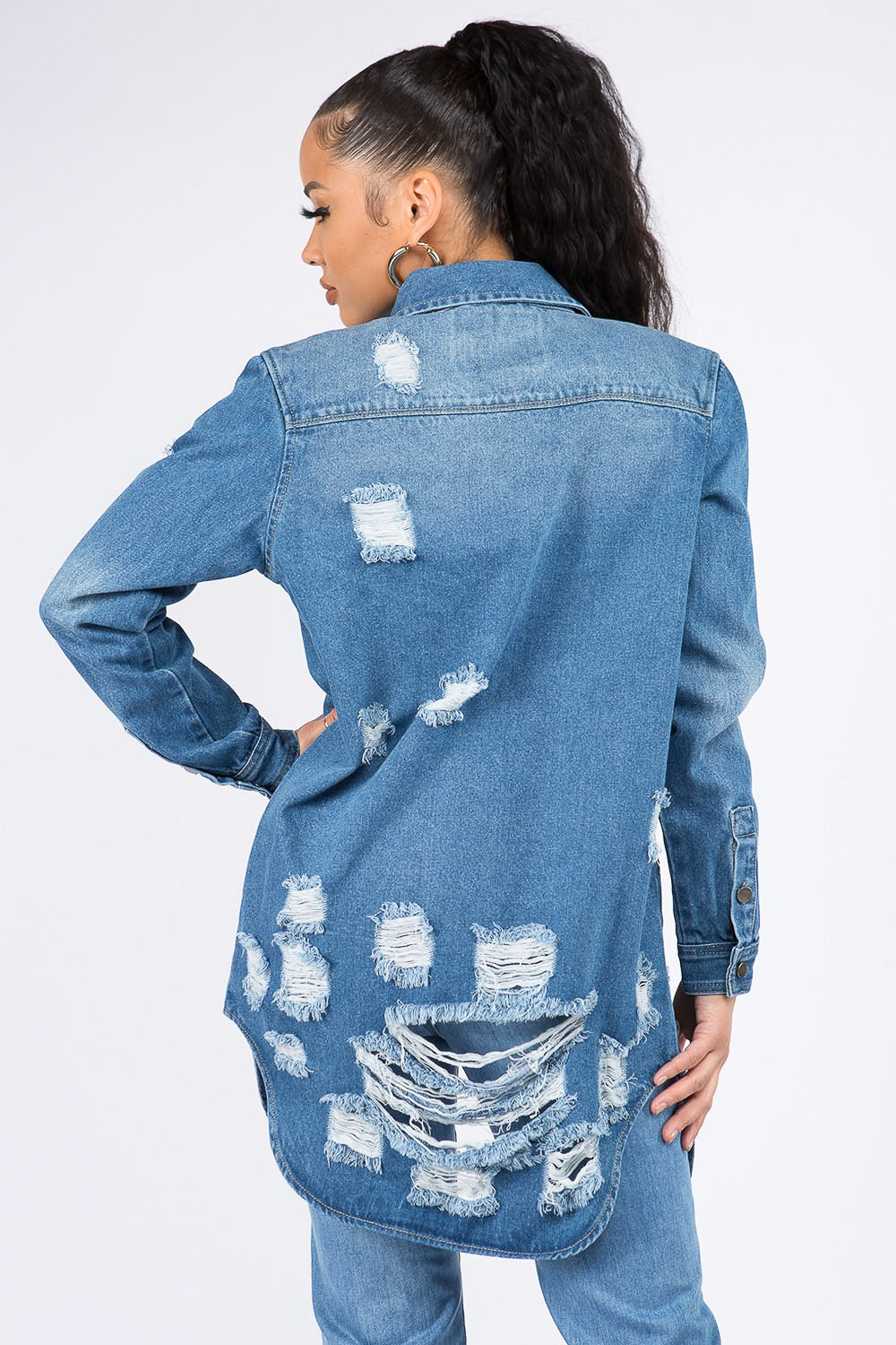 American Bazi Distressed Button Down Denim Shirt Jacket-TOPS / DRESSES-[Adult]-[Female]-2022 Online Blue Zone Planet