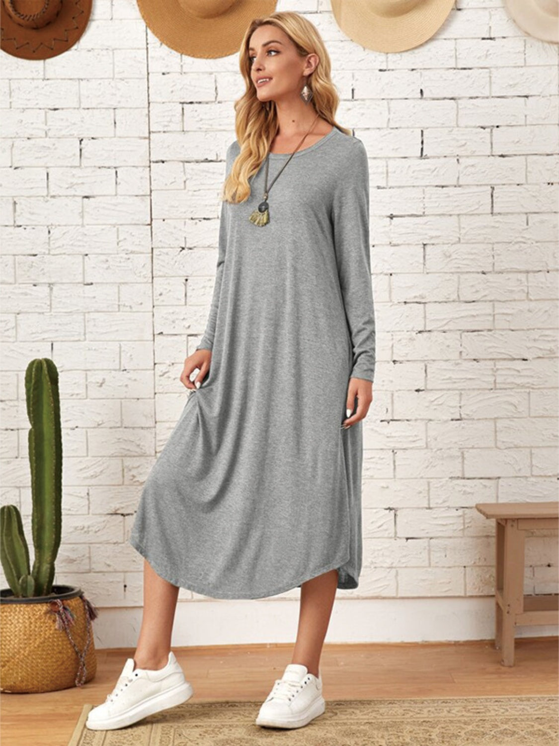 Pocketed Round Neck Long Sleeve Tee Dress-TOPS / DRESSES-[Adult]-[Female]-2022 Online Blue Zone Planet