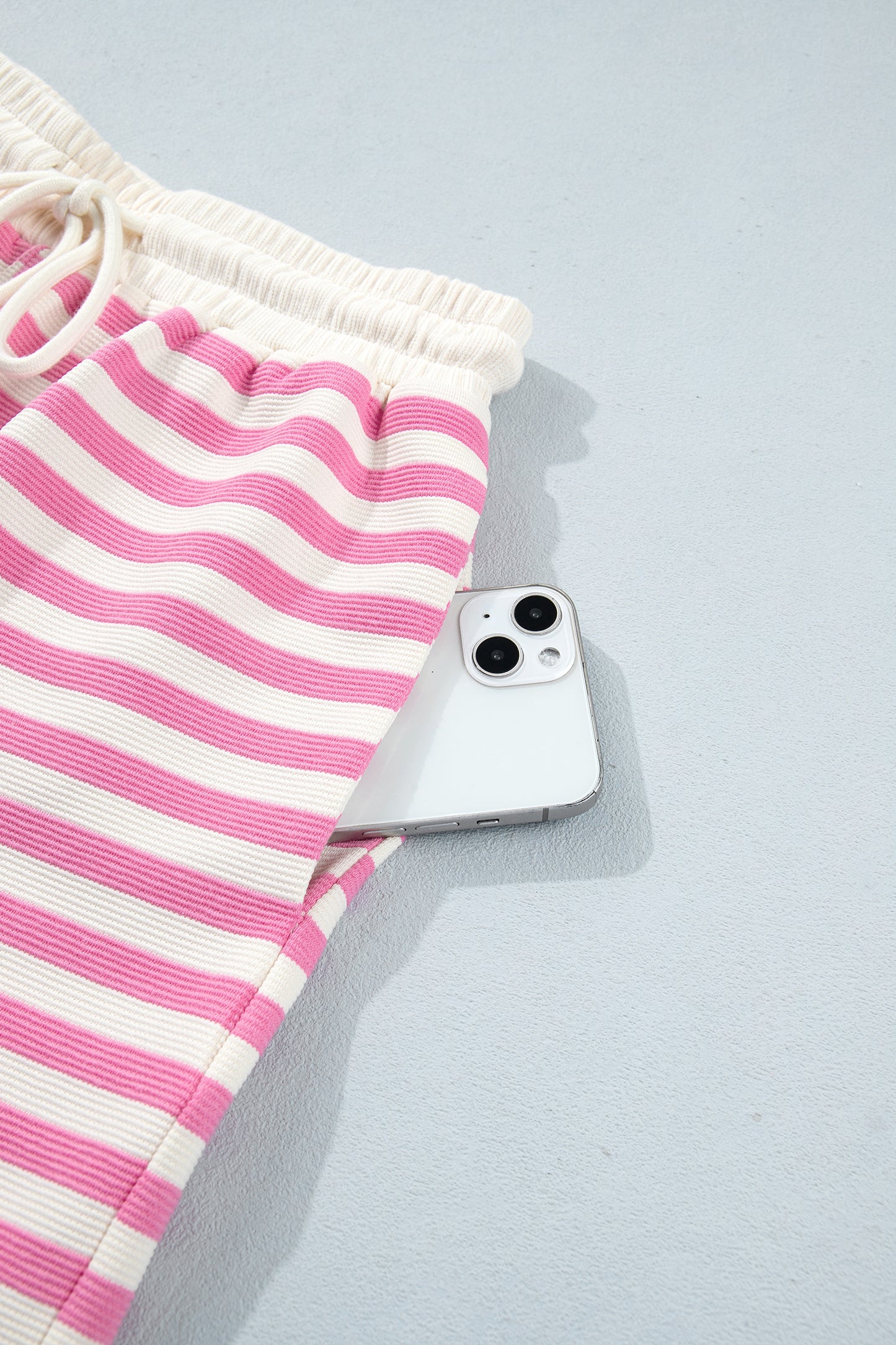 Pink Striped Long Sleeve Crew Neck Drawstring Waist Shorts Set-Two Piece Sets/Short Sets-[Adult]-[Female]-2022 Online Blue Zone Planet