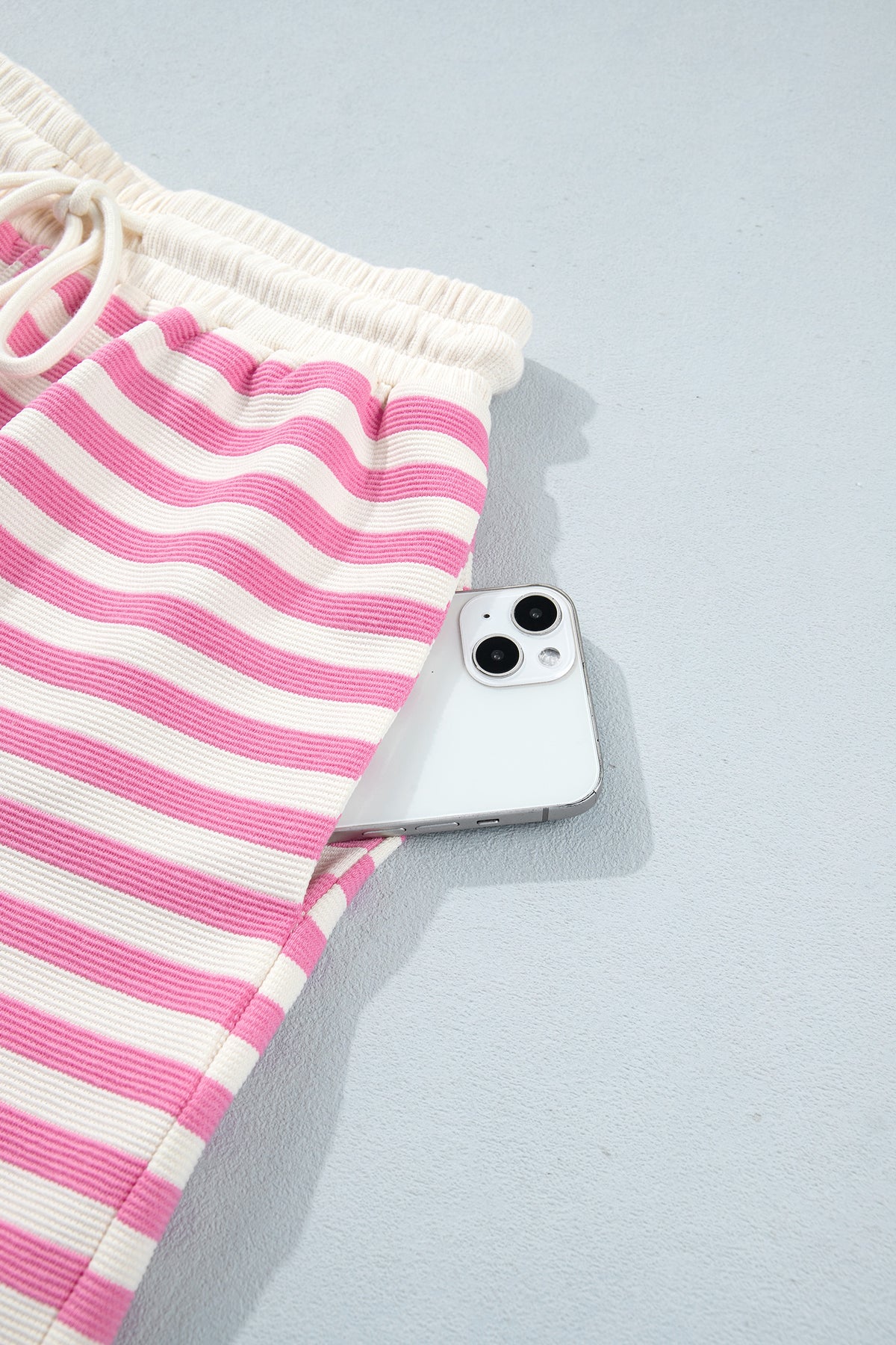 Pink Striped Long Sleeve Crew Neck Drawstring Waist Shorts Set-Two Piece Sets/Short Sets-[Adult]-[Female]-2022 Online Blue Zone Planet