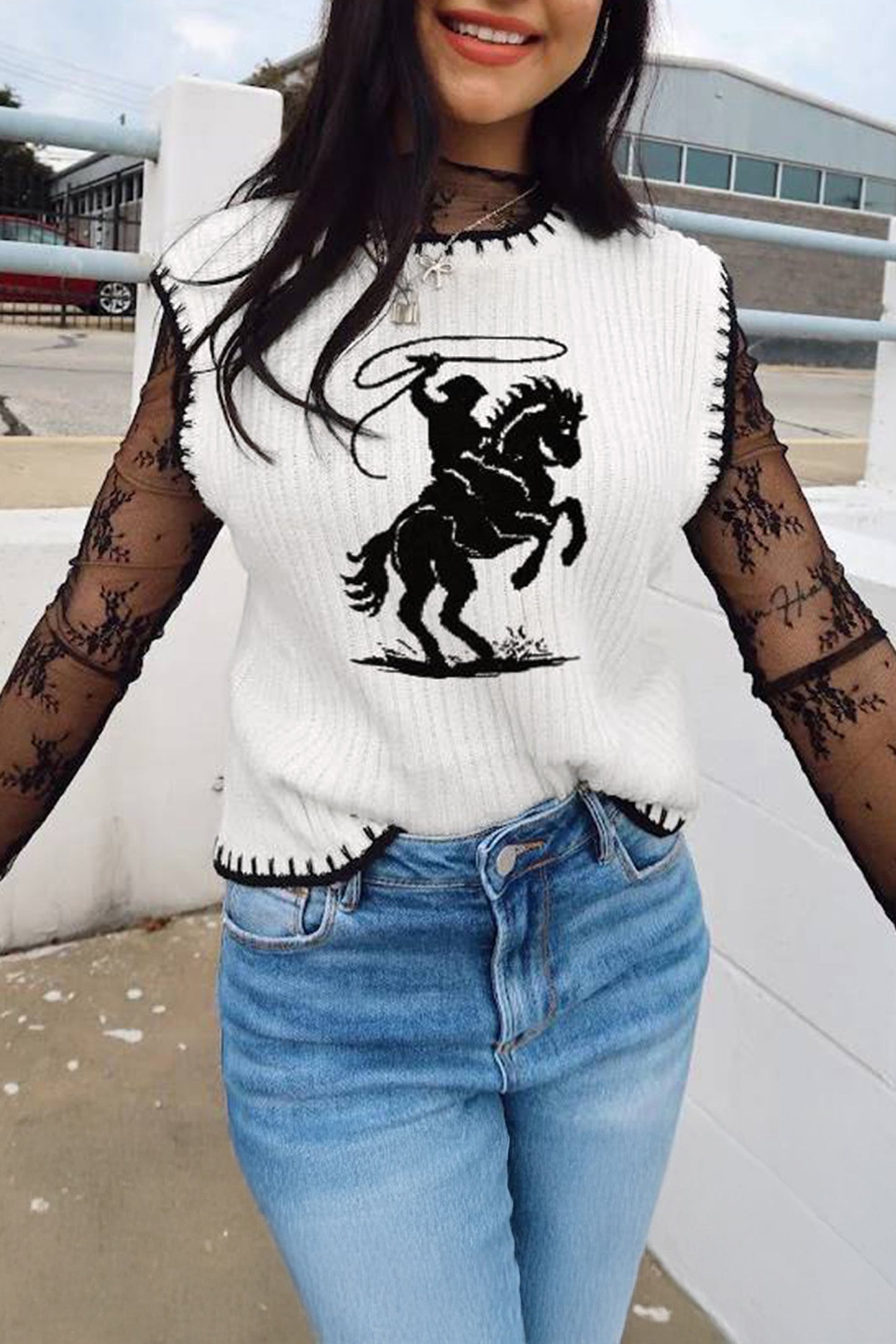 White Contrast Trim Round Neck Rodeo Cowboy Sweater Vest-Sweaters & Cardigans/Sweater Vests-[Adult]-[Female]-2022 Online Blue Zone Planet