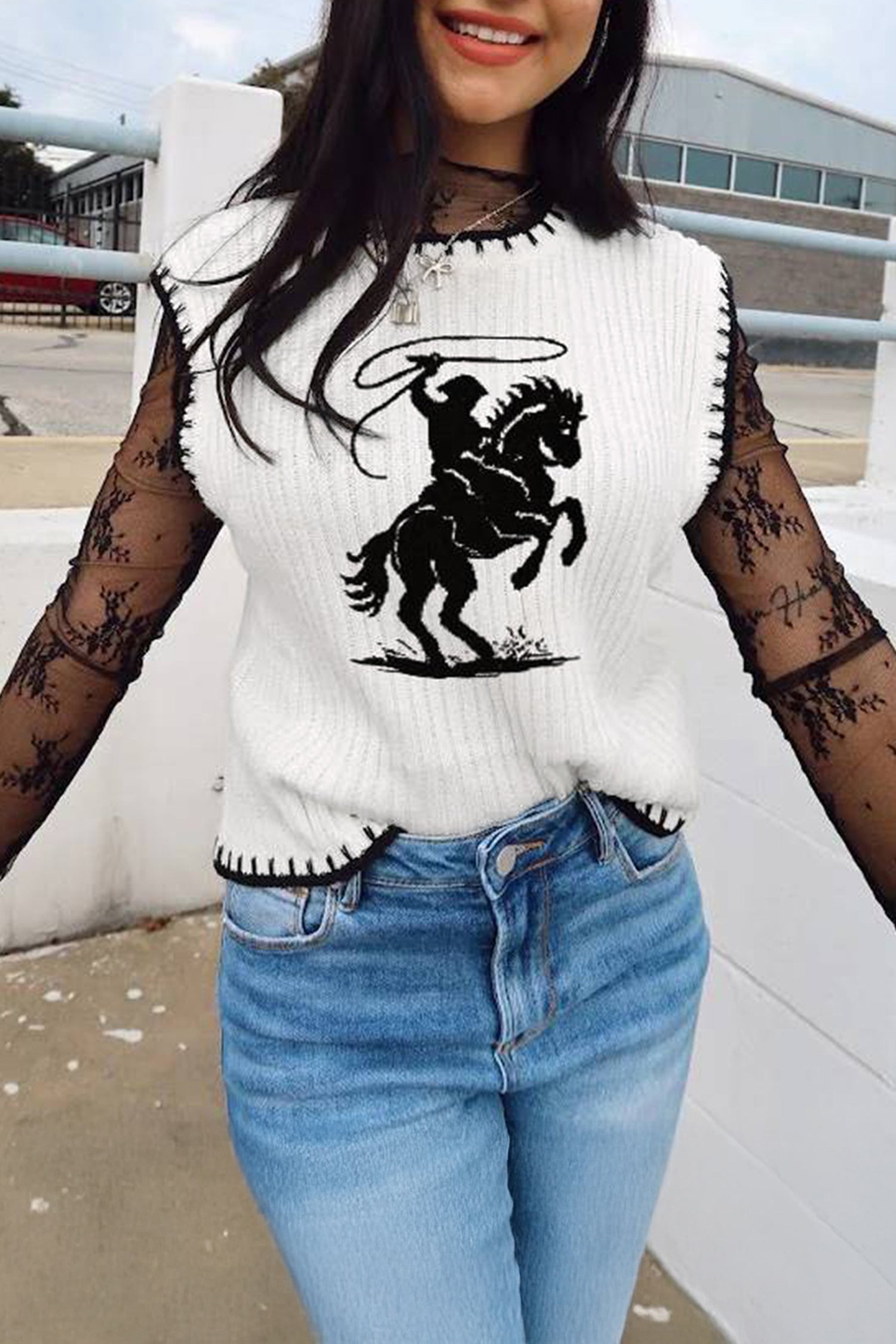 White Contrast Trim Round Neck Rodeo Cowboy Sweater Vest-Sweaters & Cardigans/Sweater Vests-[Adult]-[Female]-2022 Online Blue Zone Planet