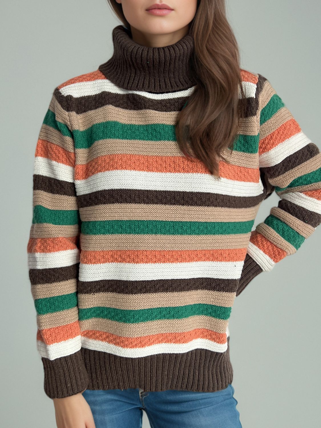 Blue Zone Planet | Contrast Stripes Turtleneck Long Sleeve Sweater-TOPS / DRESSES-[Adult]-[Female]-2022 Online Blue Zone Planet