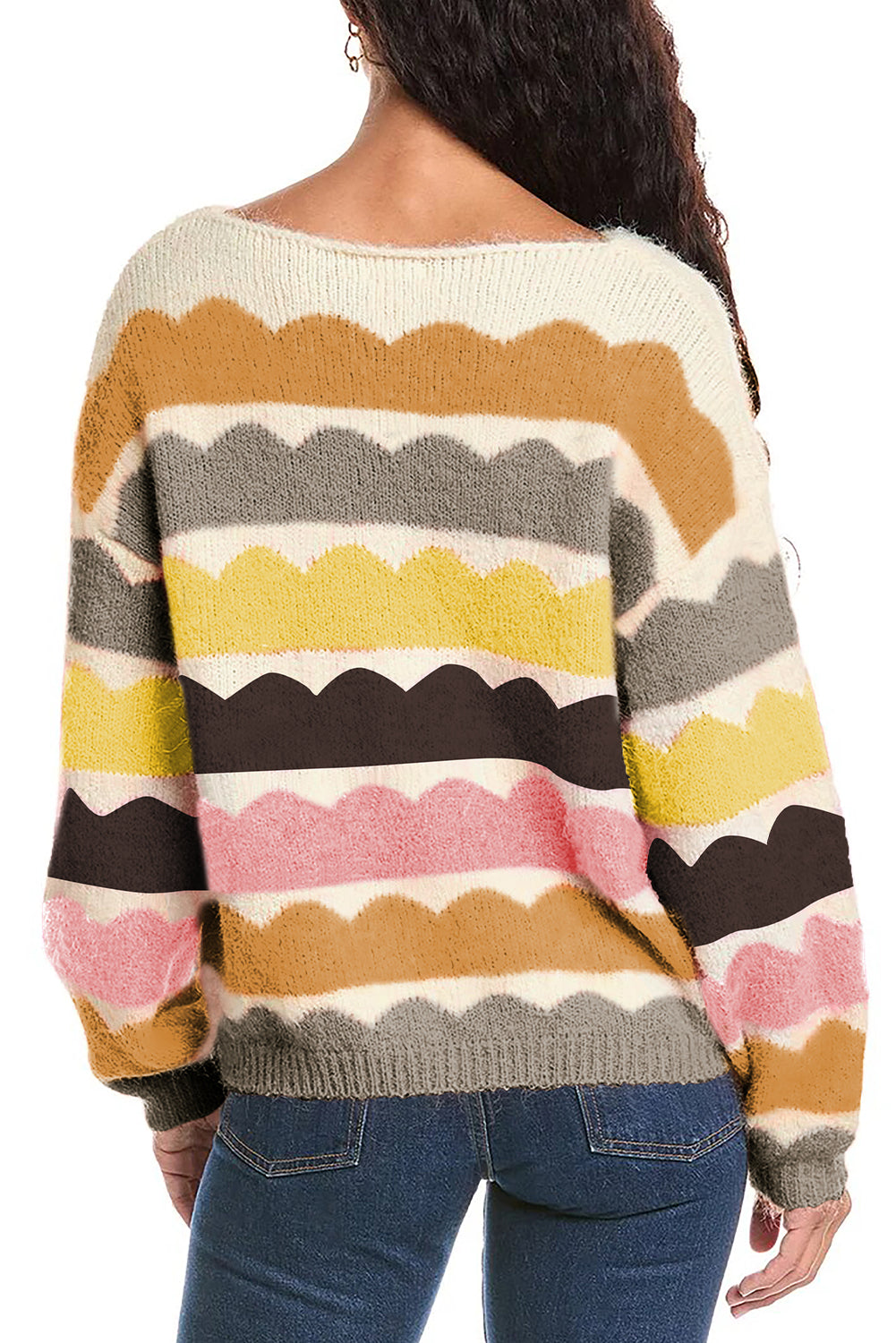 Blue Zone Planet | Gray Wave Striped Balloon Sleeve Drop Shoulder Sweater-Sweaters & Cardigans/Sweaters-[Adult]-[Female]-2022 Online Blue Zone Planet