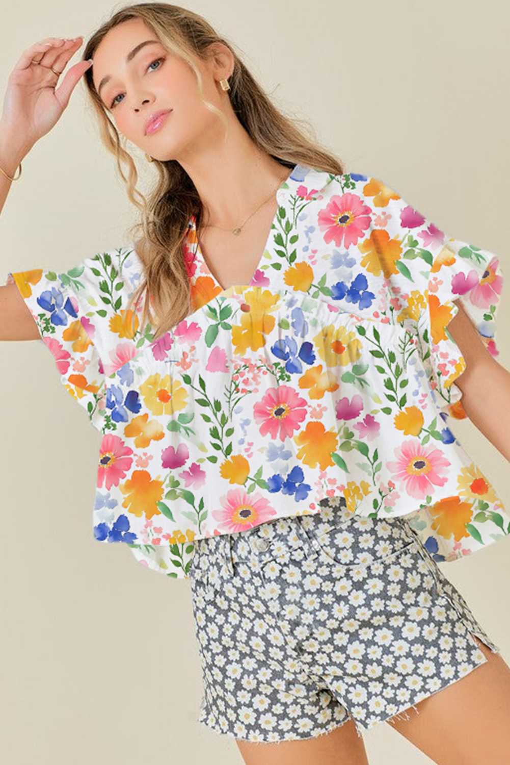 Yellow Floral Boxy Fit Ruffled Short Sleeve V Neck Blouse-Tops/Blouses & Shirts-[Adult]-[Female]-2022 Online Blue Zone Planet