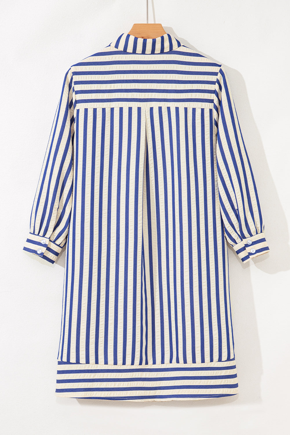 Blue Stripe Collared Half Button Side Pockets Loose Fit Mini Dress-Dresses/Mini Dresses-[Adult]-[Female]-2022 Online Blue Zone Planet