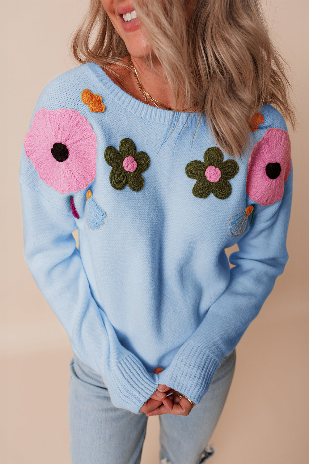 Crochet Flower Round Neck Dropped Shoulder Sweater-TOPS / DRESSES-[Adult]-[Female]-Light Blue-S-2022 Online Blue Zone Planet