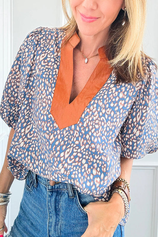 Ashleigh Blue Leopard Print Spot Contrast V Neck Half Puff Sleeve Shirt-Tops/Blouses & Shirts-[Adult]-[Female]-Ashleigh Blue-S-2022 Online Blue Zone Planet