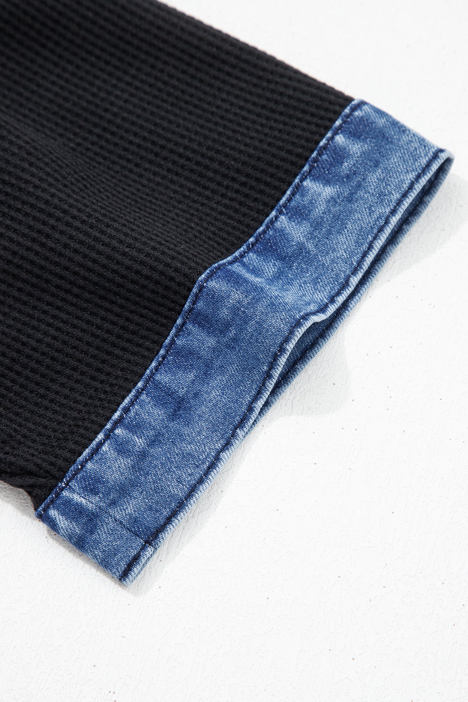 Black Waffle Knit Denim Contrast Trim Patchwork Button Polo Collar Top-Tops/Tops & Tees-[Adult]-[Female]-2022 Online Blue Zone Planet