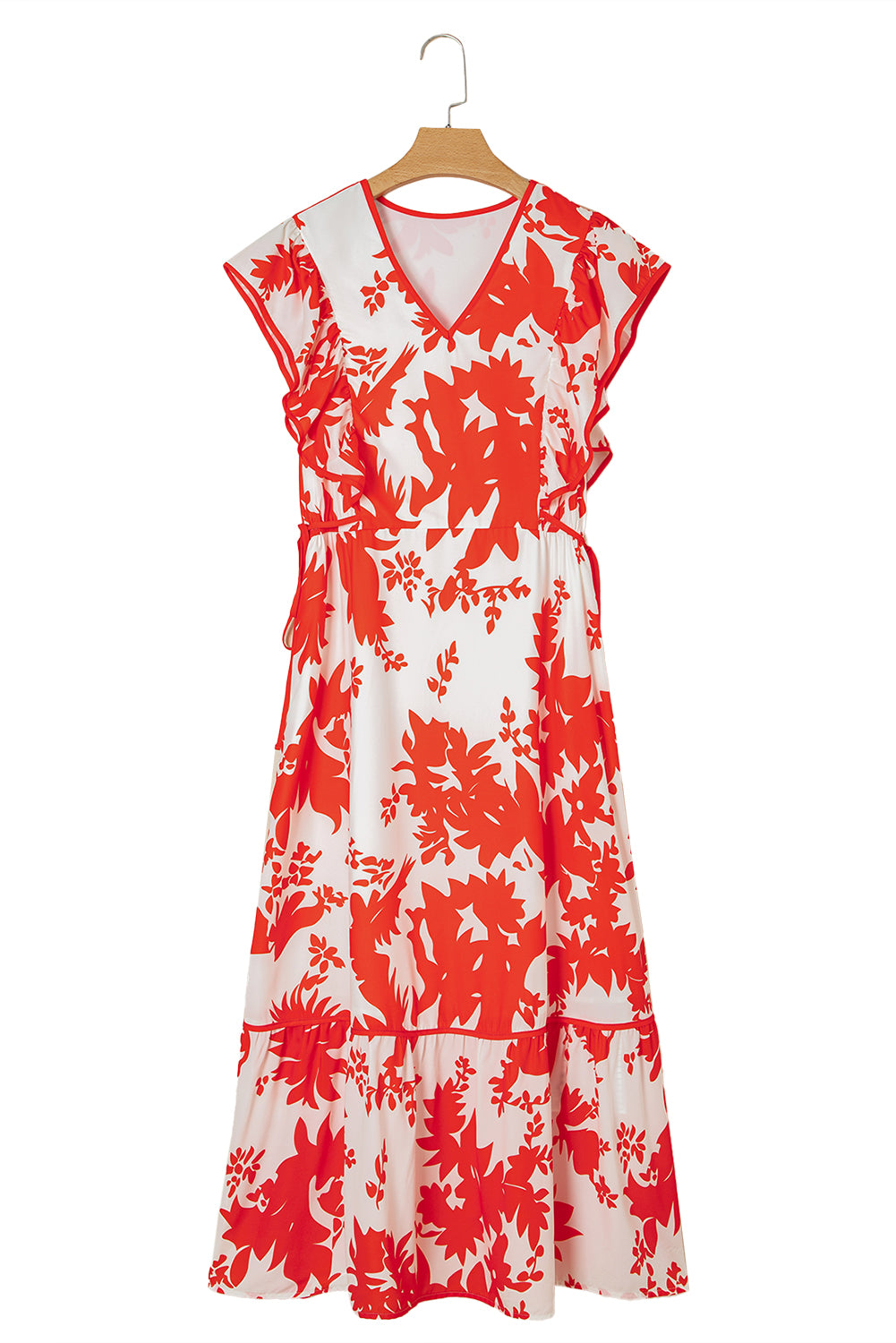 Red Floral Print Trimmed V Neck Ruffle Sleeve Long Dress-TOPS / DRESSES-[Adult]-[Female]-2022 Online Blue Zone Planet