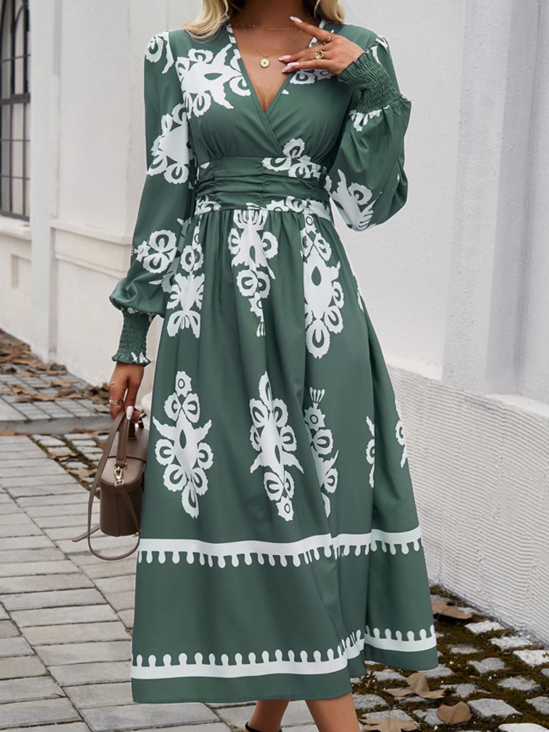 Devine Printed Surplice Lantern Sleeve Midi Dress-TOPS / DRESSES-[Adult]-[Female]-Army Green-S-2022 Online Blue Zone Planet