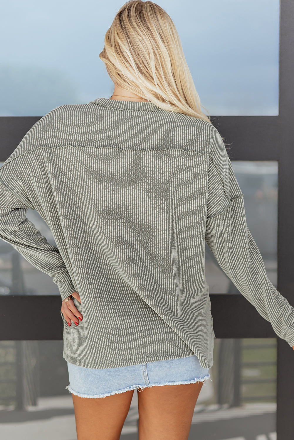 Green Bay Twist Ribbed Exposed Seam Detail Long Sleeve Loose Top-Tops/Long Sleeve Tops-[Adult]-[Female]-2022 Online Blue Zone Planet