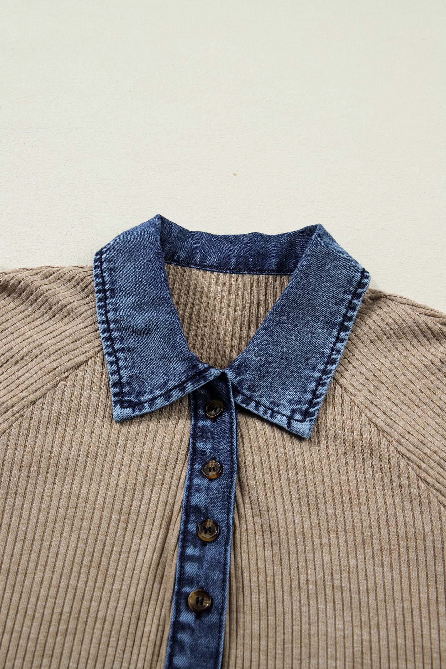 Beige Ribbed Knit Denim Patchwork Button Polo Collar Cuffed Long Sleeve Top-Tops/Long Sleeve Tops-[Adult]-[Female]-2022 Online Blue Zone Planet