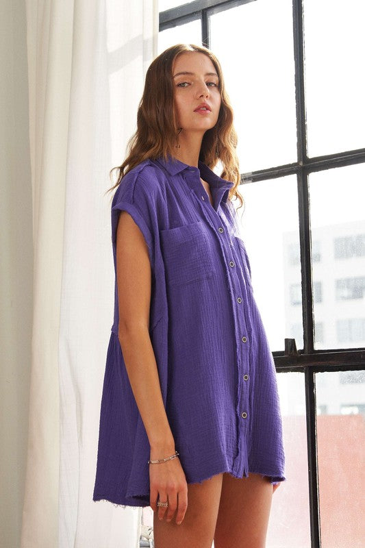 ADORA Raw Hem Collared Neck Button Down Shirt-TOPS / DRESSES-[Adult]-[Female]-2022 Online Blue Zone Planet