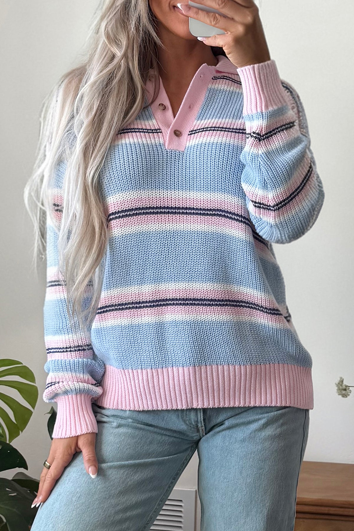 Sky Blue Stripe Striped Button Collar Long Sleeve Shift Fit Winter Knitwear Sweater-TOPS / DRESSES-[Adult]-[Female]-2022 Online Blue Zone Planet