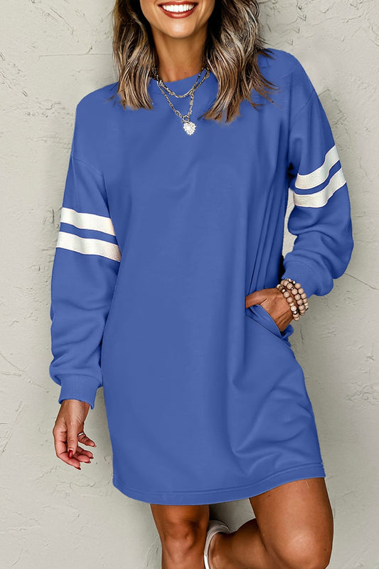 Sky Blue Varsity Contrast Banded Sleeve Shift Sweatshirt Dress-TOPS / DRESSES-[Adult]-[Female]-2022 Online Blue Zone Planet