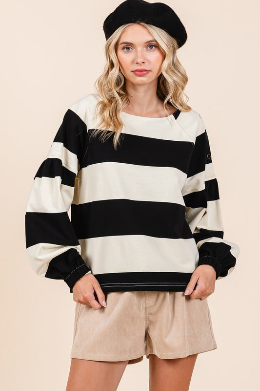 Mittoshop Striped Snap Shoulder Long Sleeve T-Shirt-TOPS / DRESSES-[Adult]-[Female]-Black/Ivory-S-2022 Online Blue Zone Planet