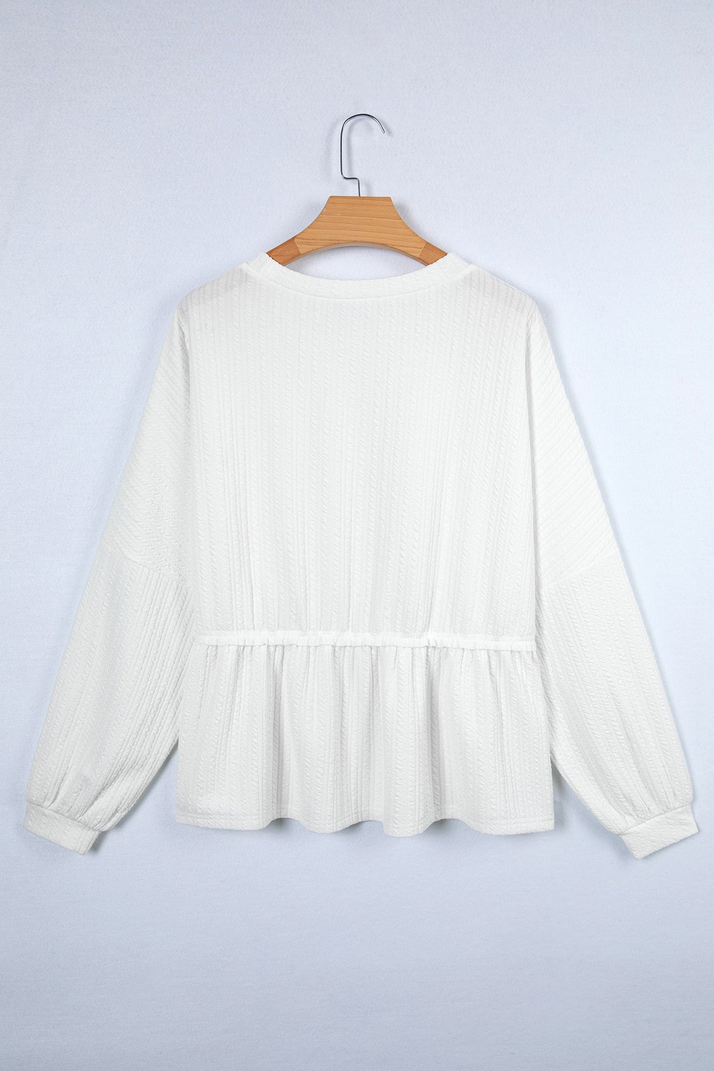 White Solid Color Textured Drop Shoulder Long Sleeve Peplum Top-Tops/Long Sleeve Tops-[Adult]-[Female]-2022 Online Blue Zone Planet