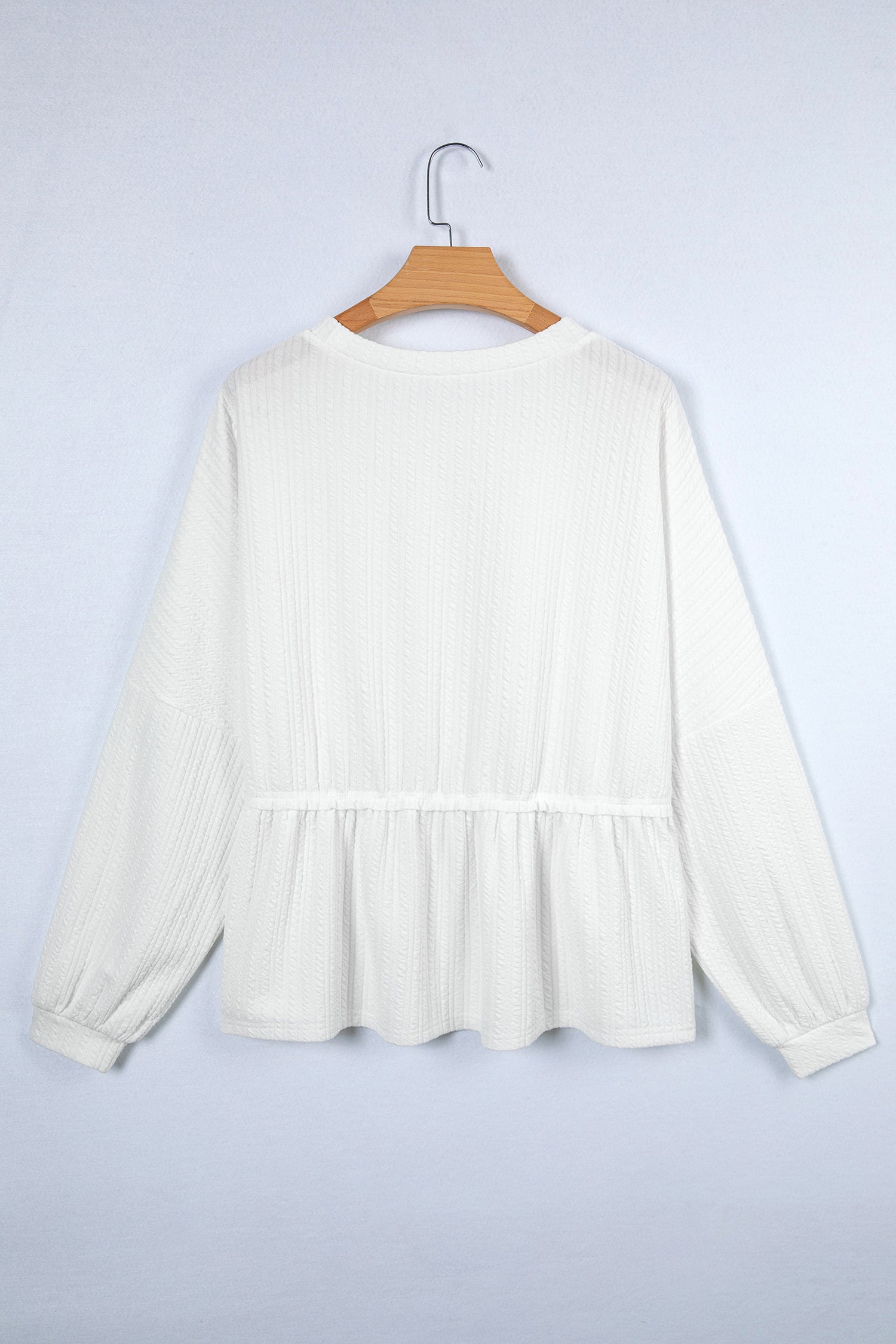 White Solid Color Textured Drop Shoulder Long Sleeve Peplum Top-Tops/Long Sleeve Tops-[Adult]-[Female]-2022 Online Blue Zone Planet