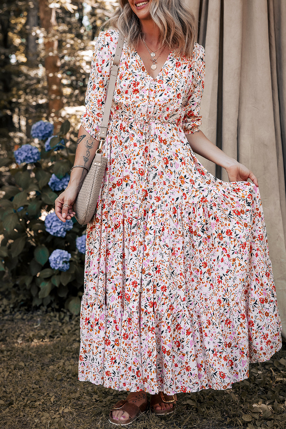 Boho Half Sleeve Floral V Neck Maxi Dress Floral / M
