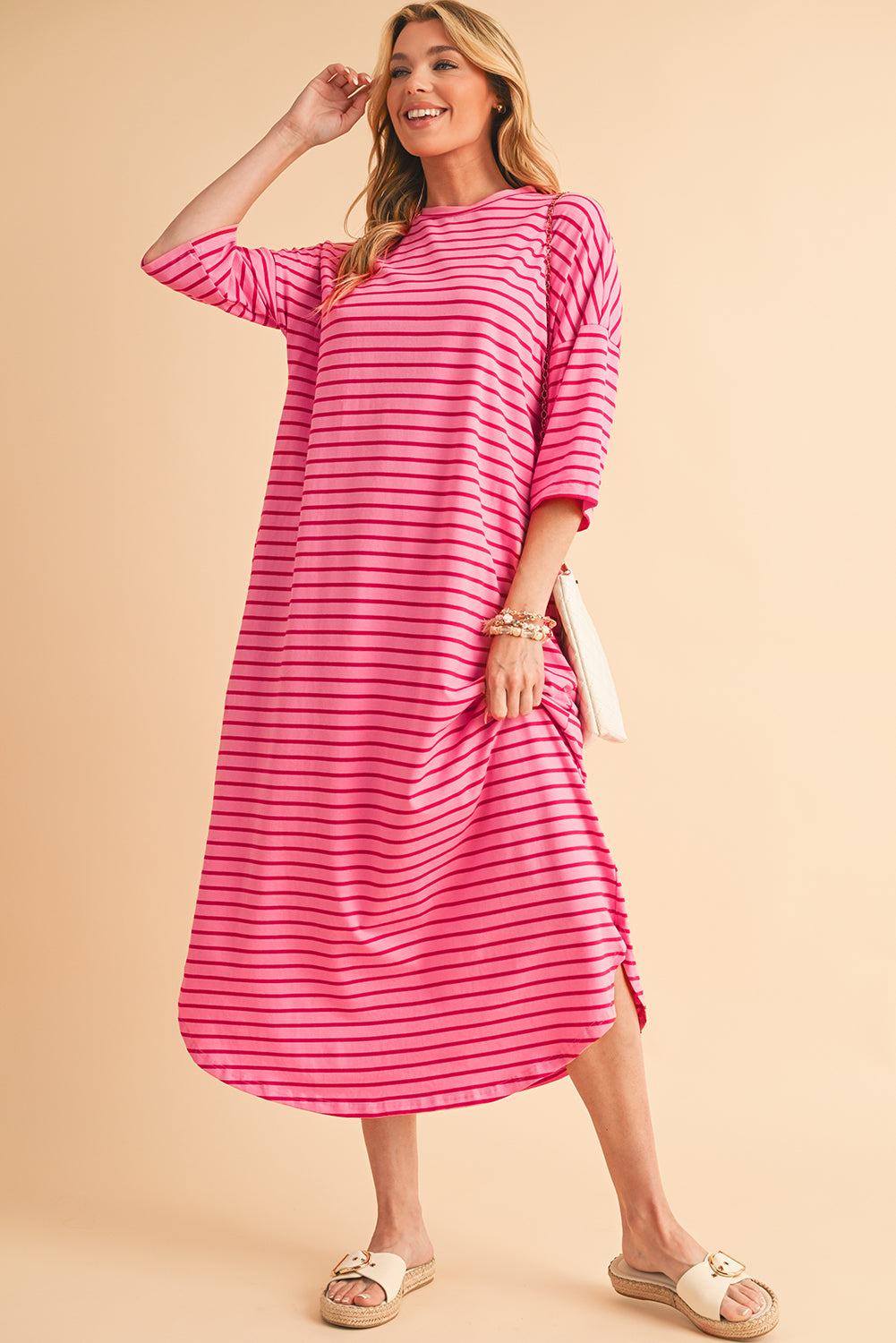 Strawberry Pink Striped Drop Sleeve Loose Dress-Maxi Dresses-[Adult]-[Female]-2022 Online Blue Zone Planet