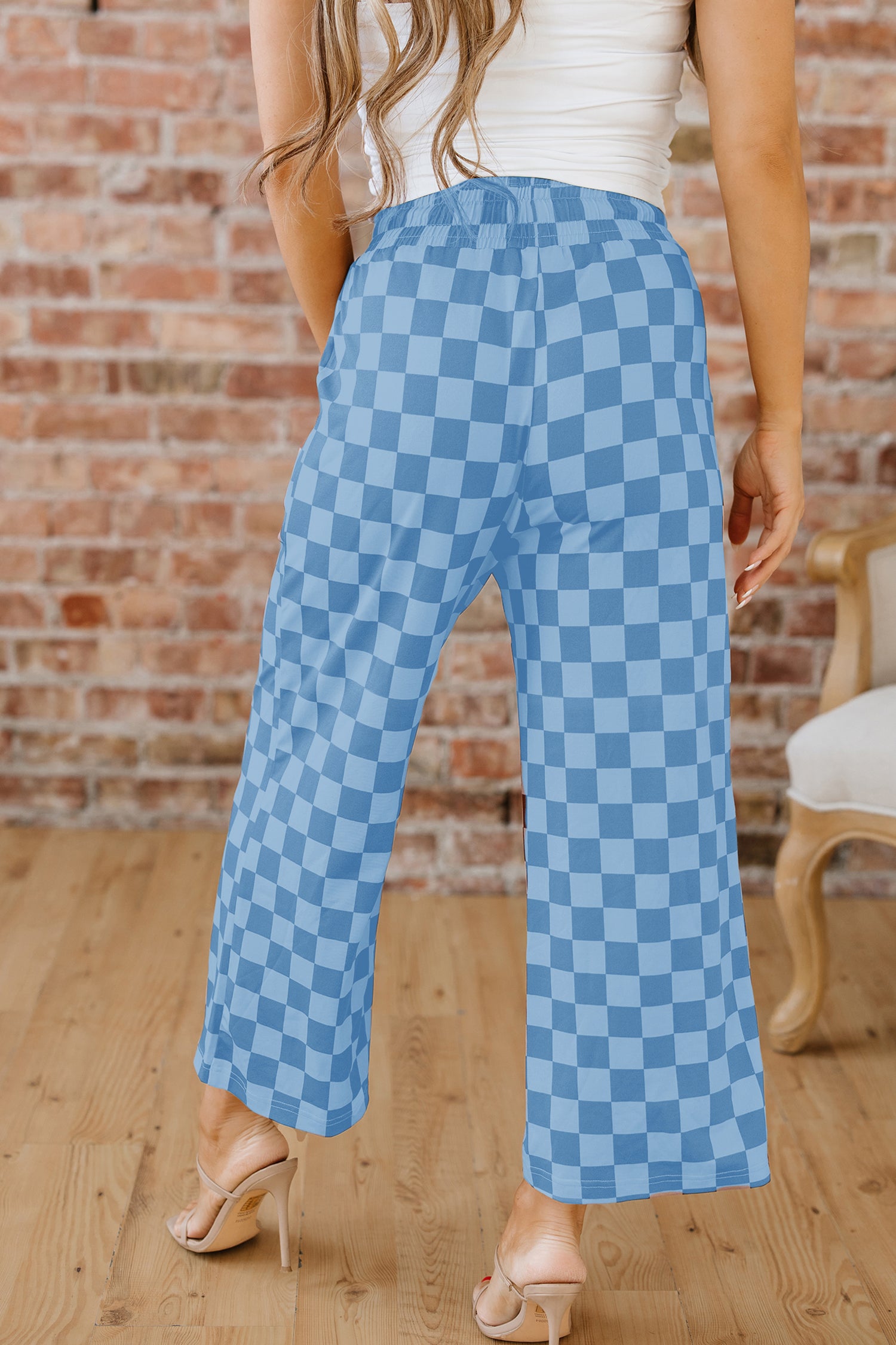 Sky Blue Checkered Elastic High Waist Loose Casual Pants-Bottoms/Pants & Culotte-[Adult]-[Female]-2022 Online Blue Zone Planet