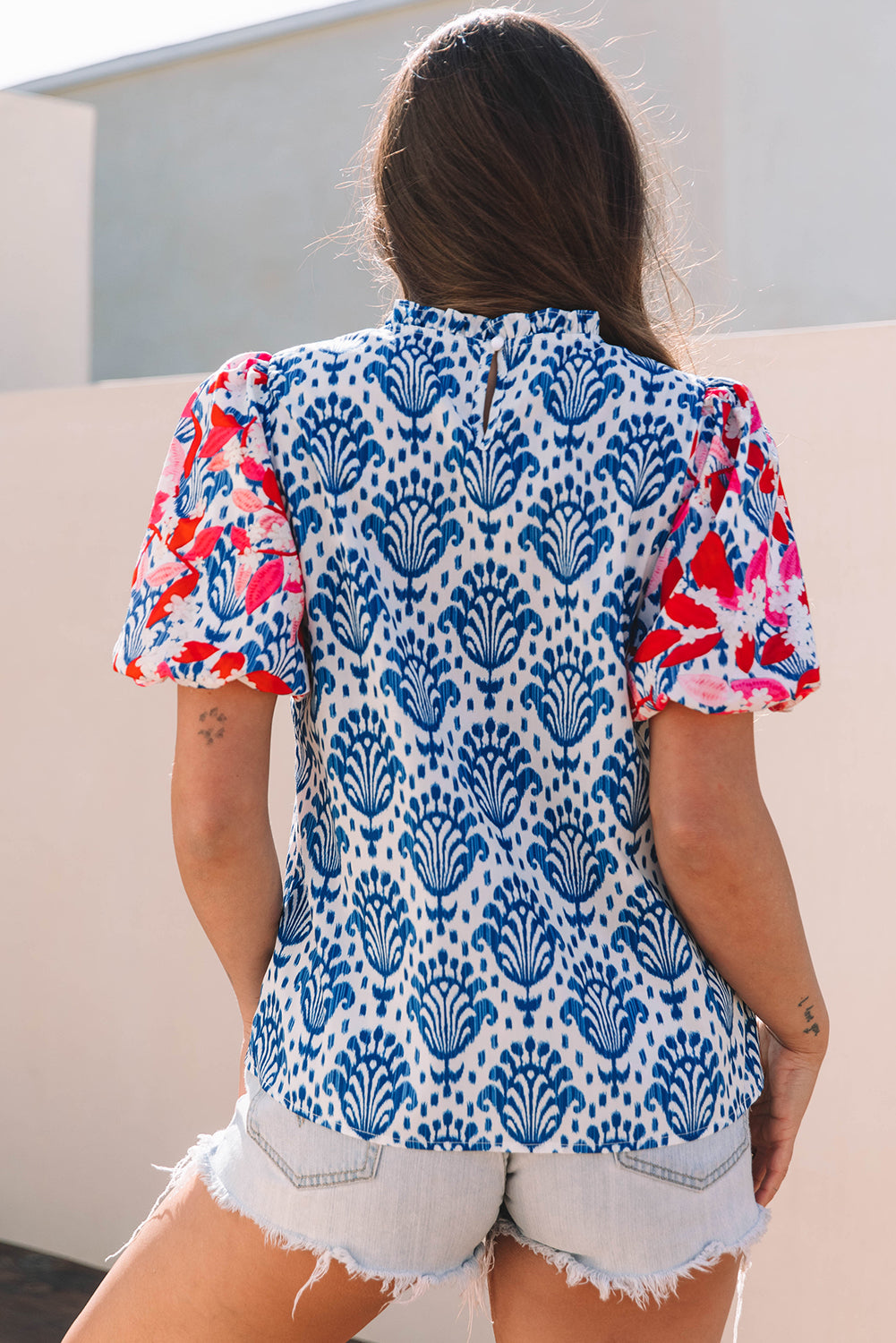 Blue Western Fashion Print Floral Puff Sleeve Frilled Neck Blouse-Tops/Blouses & Shirts-[Adult]-[Female]-2022 Online Blue Zone Planet
