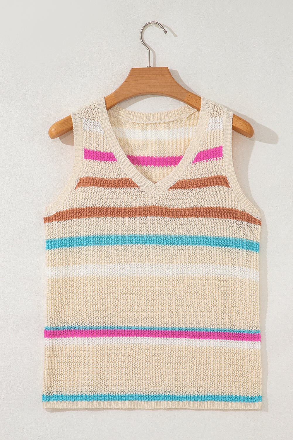 Khaki Stripe Textured Knit V Neck Sweater Vest-TOPS / DRESSES-[Adult]-[Female]-2022 Online Blue Zone Planet