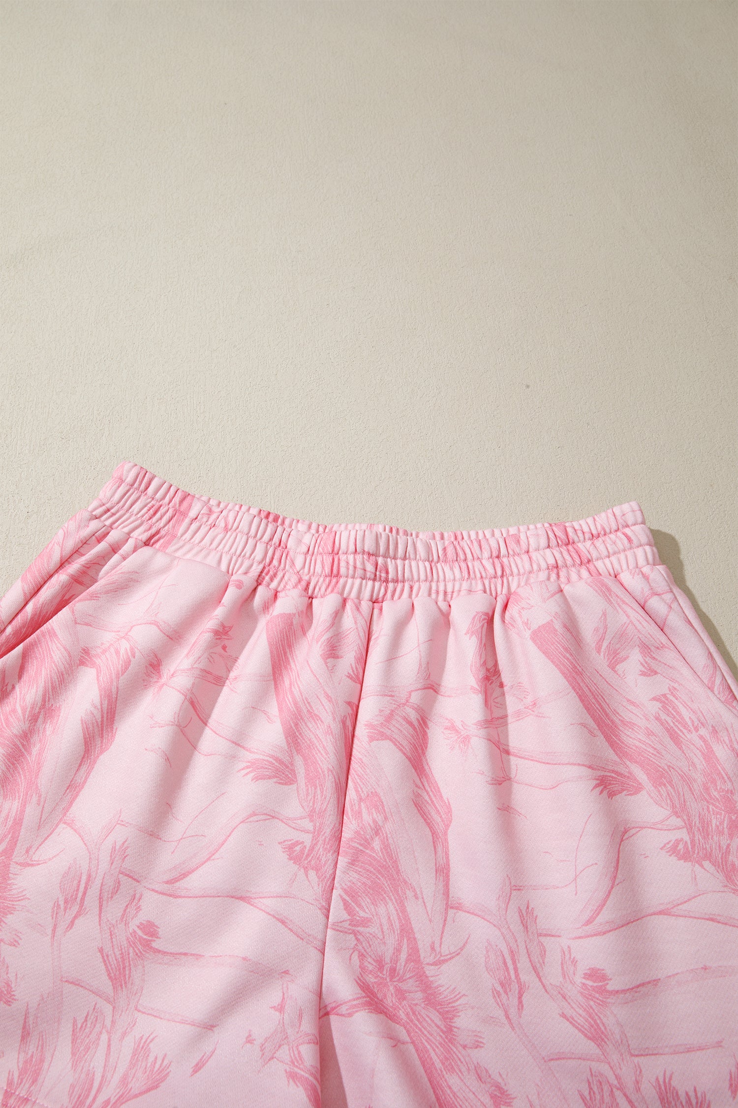 Pink Abstract Print Ribbed Crewneck Long Sleeve Top Elastic Waist Short Set-Two Piece Sets/Short Sets-[Adult]-[Female]-2022 Online Blue Zone Planet
