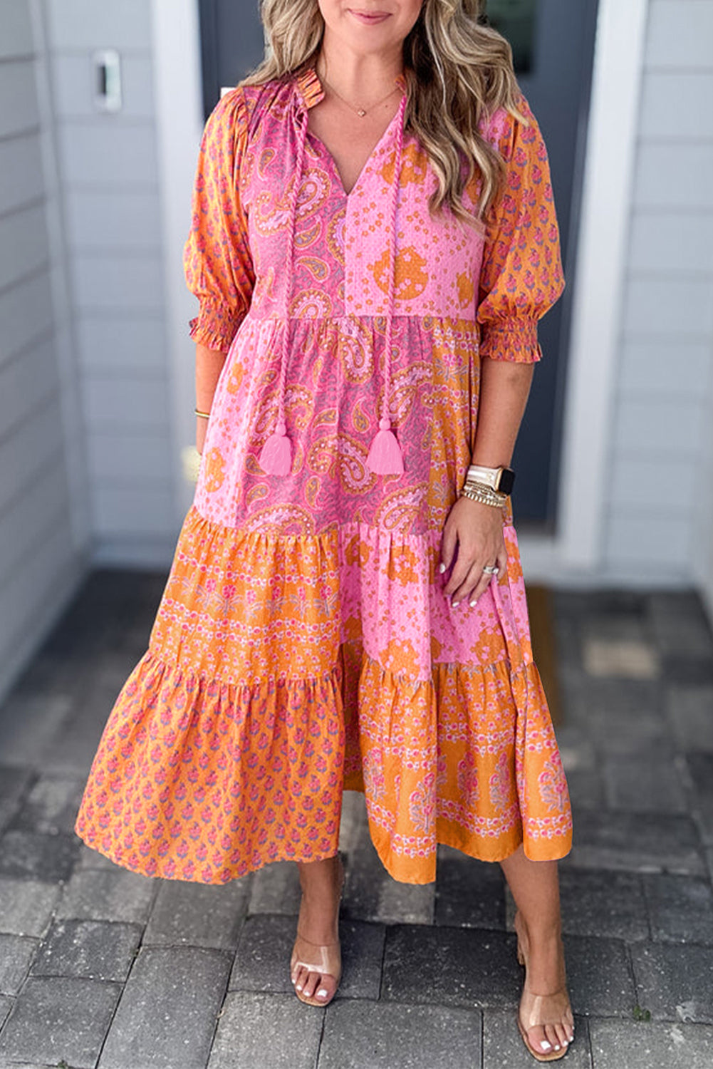 Pink Boho Paisley Floral Mixed Patchwork Tassel Tie Plus Size Midi Dress-Plus Size/Plus Size Dresses/Plus Size Maxi Dresses-[Adult]-[Female]-Pink-1X-2022 Online Blue Zone Planet