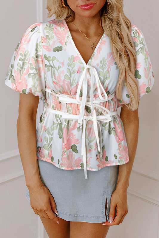 Pink Floral Puff Sleeve V Neck Tied Front Peplum Blouse-Tops/Blouses & Shirts-[Adult]-[Female]-Pink-S-2022 Online Blue Zone Planet
