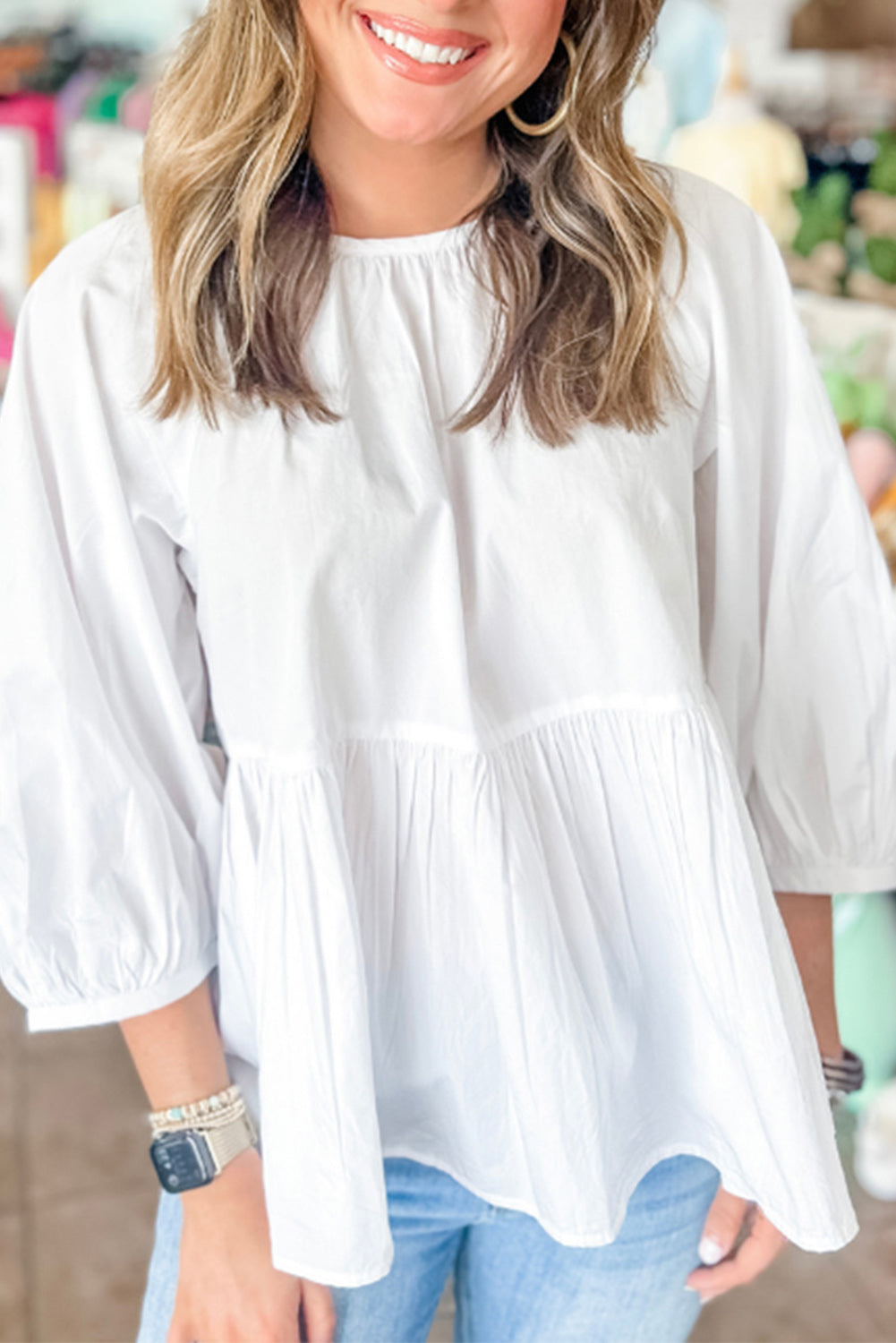 White Bow Knot Cutout Back Loose Fit 3/4 Sleeve Blouse-Tops/Blouses & Shirts-[Adult]-[Female]-2022 Online Blue Zone Planet