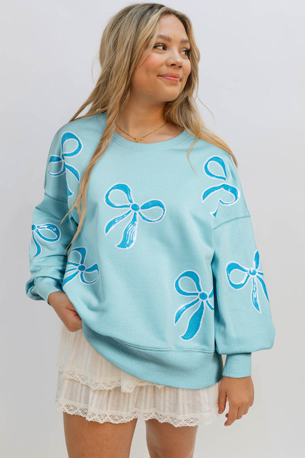 Beau Blue Sequined Bowknot Drop Shoulder Oversized Sweatshirt-Tops/Sweatshirts & Hoodies-[Adult]-[Female]-2022 Online Blue Zone Planet