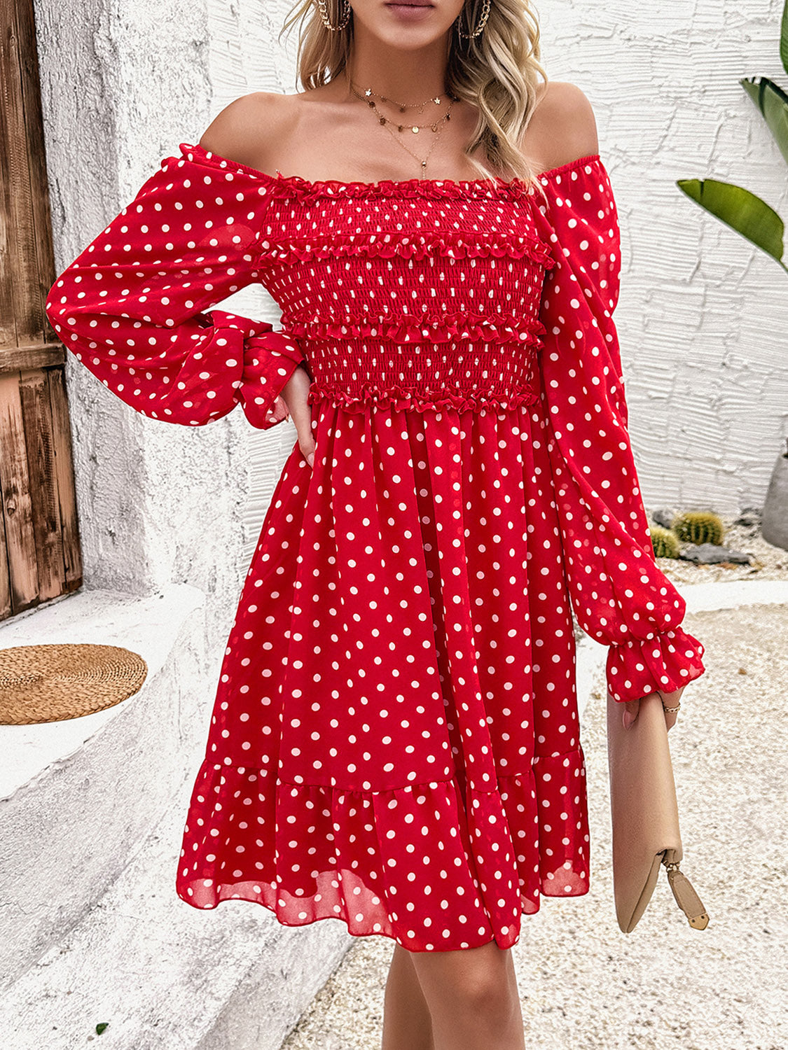 Smocked Polka Dot Long Sleeve Dress-TOPS / DRESSES-[Adult]-[Female]-Red-S-2022 Online Blue Zone Planet